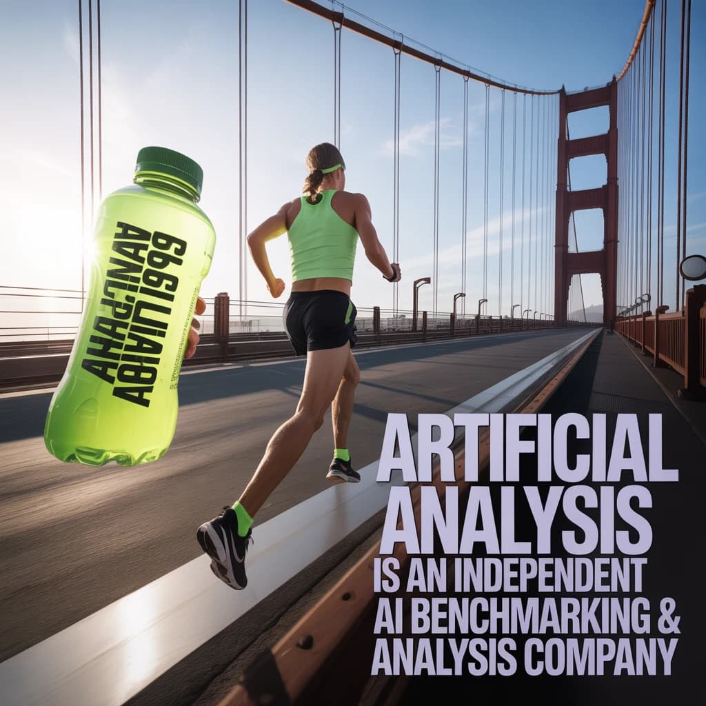 A runner dashes across the Golden Gate Bridge at dawn, sunlight streaming between cables. In their hand, they carry a neon-green sports drink with the brand name Artificial Analysis splashed boldly across the bottle. Motion blur emphasizes speed, while crisp purple sans serif typography overlays the bottom right of the scene with the tagline: Artificial Analysis is an independent AI benchmarking & analysis company