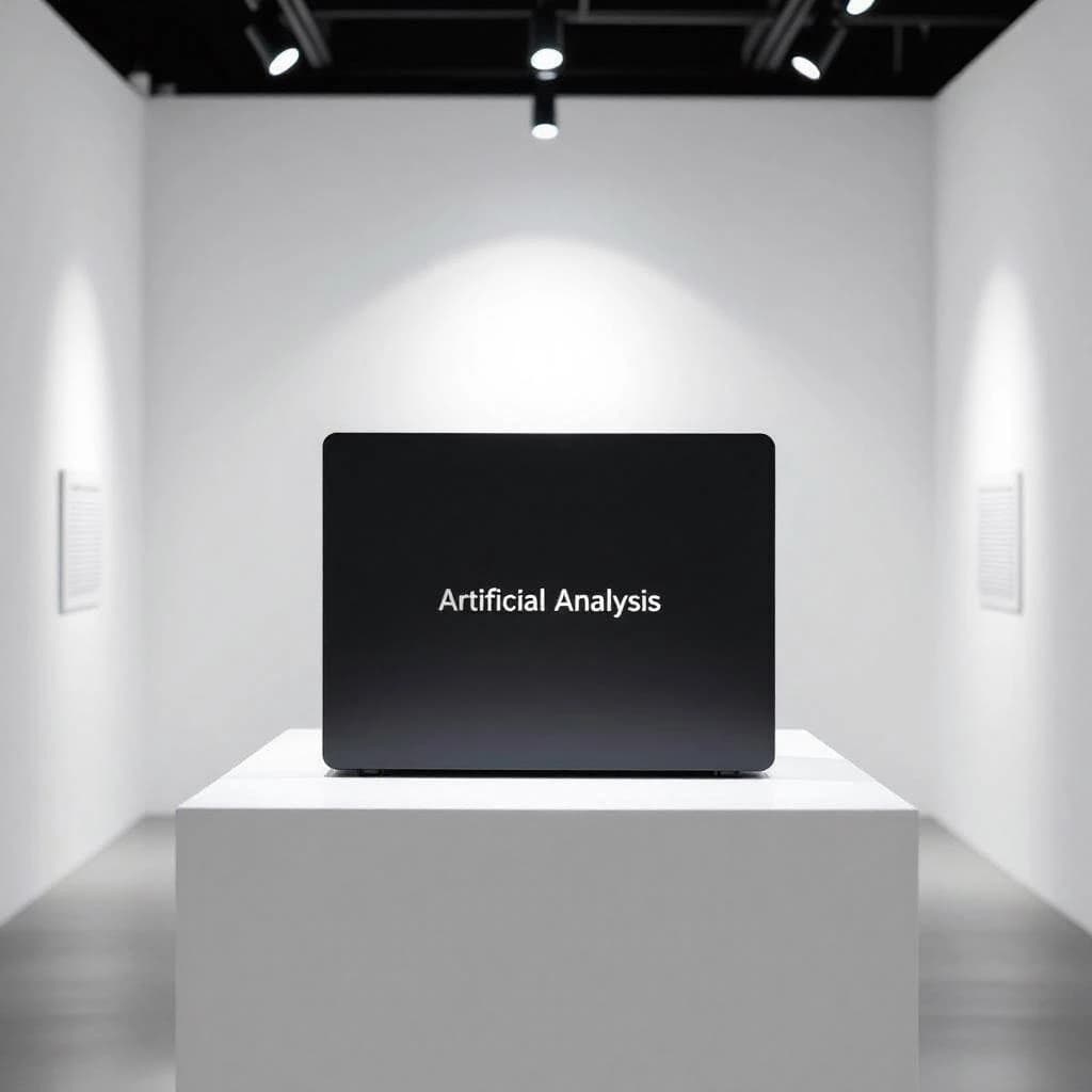 A premium matte black laptop-sized box rests on a pure white pedestal within a gallery space. Overhead, a single spotlight carves sharp contrast, leaving the edges in deep shadow. The brand name Artificial Analysis is embossed in silver foil, glinting faintly as though it were jewelry.