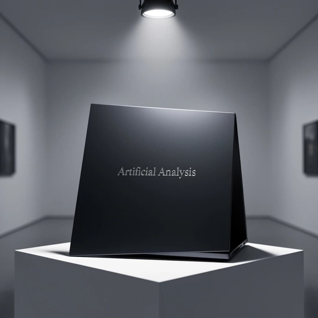A premium matte black laptop-sized box rests on a pure white pedestal within a gallery space. Overhead, a single spotlight carves sharp contrast, leaving the edges in deep shadow. The brand name Artificial Analysis is embossed in silver foil, glinting faintly as though it were jewelry.