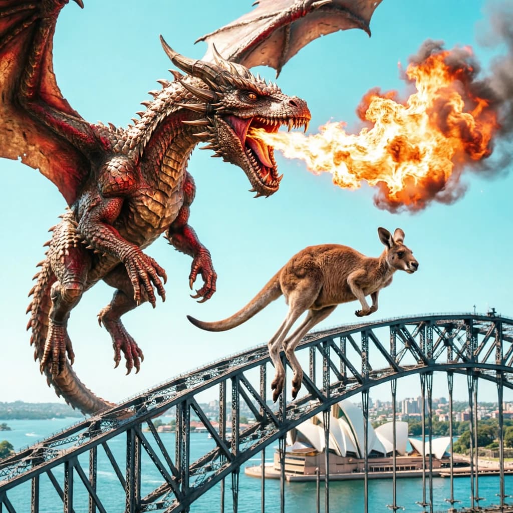 A dragon breathes fire at a kangaroo that is running away by climbing over the top of the Sydney Harbour Bridge. Opera House visible in the background.