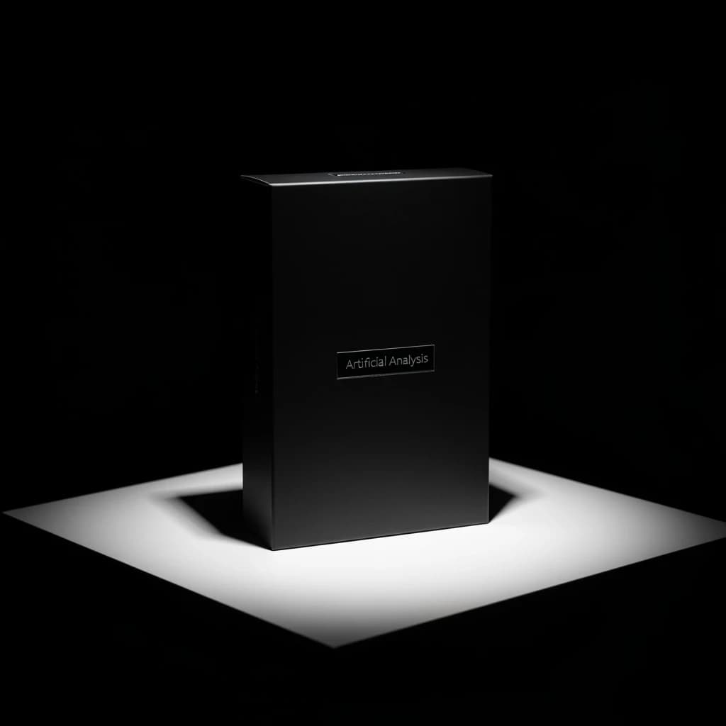 A premium matte black laptop-sized box rests on a pure white pedestal within a gallery space. Overhead, a single spotlight carves sharp contrast, leaving the edges in deep shadow. The brand name Artificial Analysis is embossed in silver foil, glinting faintly as though it were jewelry.