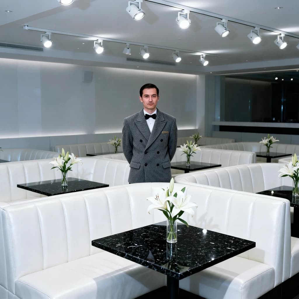 The place is almost empty. The banquettes are covered in white leather, the tables black granite, and the entire room is bathed in halogen track lighting that seems too bright. The maître d’ wears a double-breasted wool crepe jacket. There are lilies on every table.
