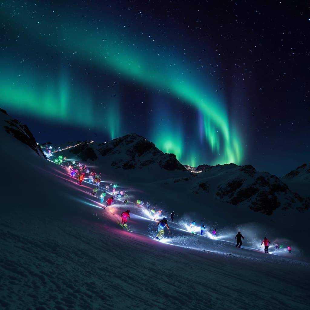 Coronet Peak Night Skiing: Skiers in colorful LED suits carve their way down the slopes of New Zealand's Coronet Peak under the Aurora Borealis, the skiers' light trails visible behind them