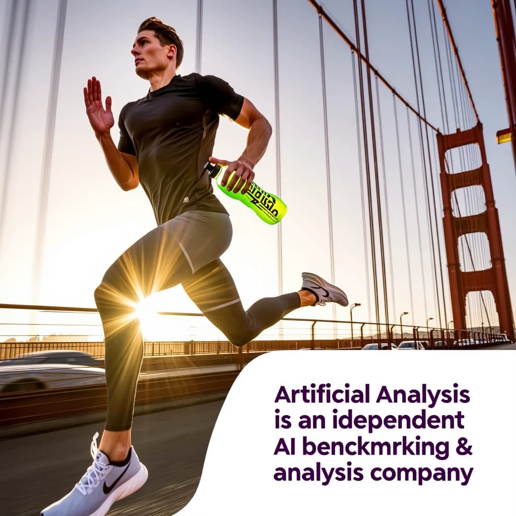 A runner dashes across the Golden Gate Bridge at dawn, sunlight streaming between cables. In their hand, they carry a neon-green sports drink with the brand name Artificial Analysis splashed boldly across the bottle. Motion blur emphasizes speed, while crisp purple sans serif typography overlays the bottom right of the scene with the tagline: Artificial Analysis is an independent AI benchmarking & analysis company