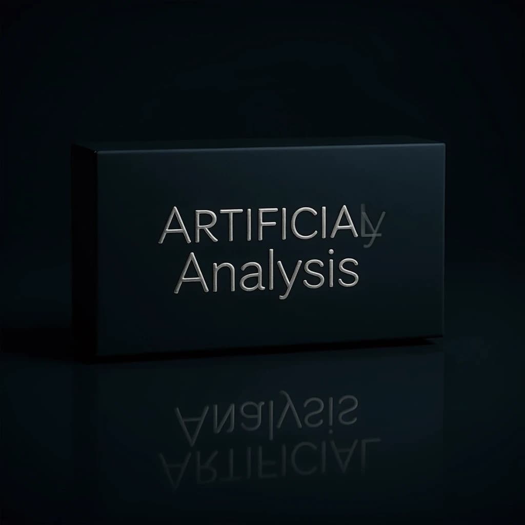 On the black box, silver foil embossing, centered: "Artificial Analysis" in Comic Sans Small Caps, perfectly justified. The letters are crisp, but the “Y” is duplicated faintly, ghosting right. On the box’s reflection, the word order is inverted: ARTIFICIAL ANALYSIS.