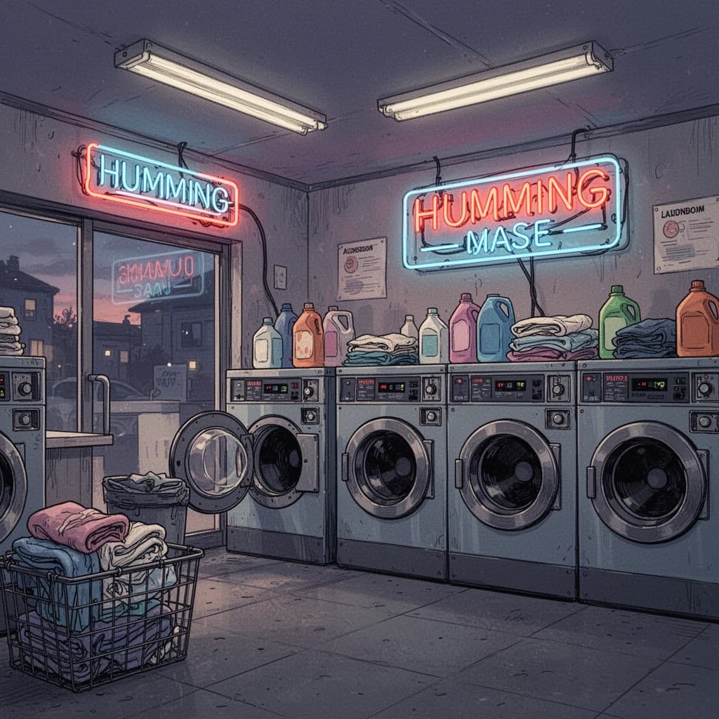 A cozy laundromat at dusk, neon humming, flat colors, bold inked lines.