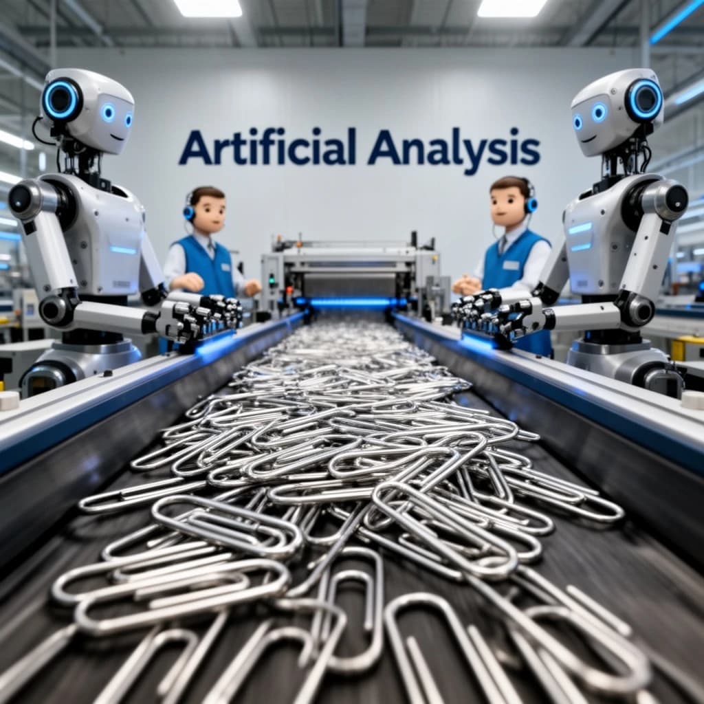Close up point of view perspective on a conveyor belt pumping out paperclips at a maddening pace. The high tech factory has Artificial Analysis printed proudly on the wall. Robot staff look approvingly over the robust output.
