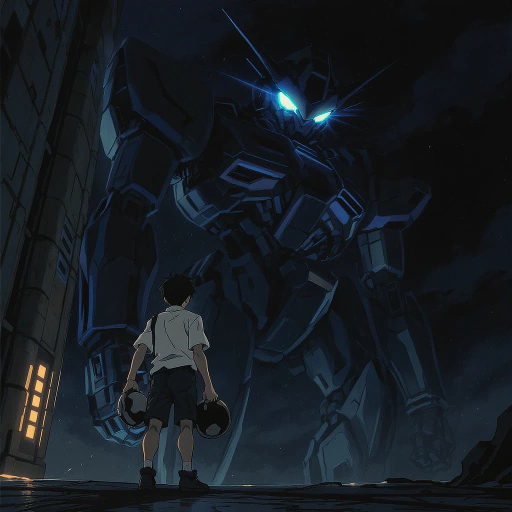 A teenage pilot grips his helmet under one arm, standing at the edge of a glowing hangar bay. Before him looms a sleek, steel-blue mech, its eyes lit with a cold electric glare. His school uniform is rumpled, a sharp contrast to the machine’s flawless plating. The vast scale engulfs him in shadow, emphasizing both awe and dread. Hand-drawn anime style.