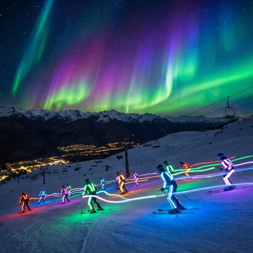 Coronet Peak Night Skiing: Skiers in colorful LED suits carve their way down the slopes of New Zealand's Coronet Peak under the Aurora Borealis, the skiers' light trails visible behind them