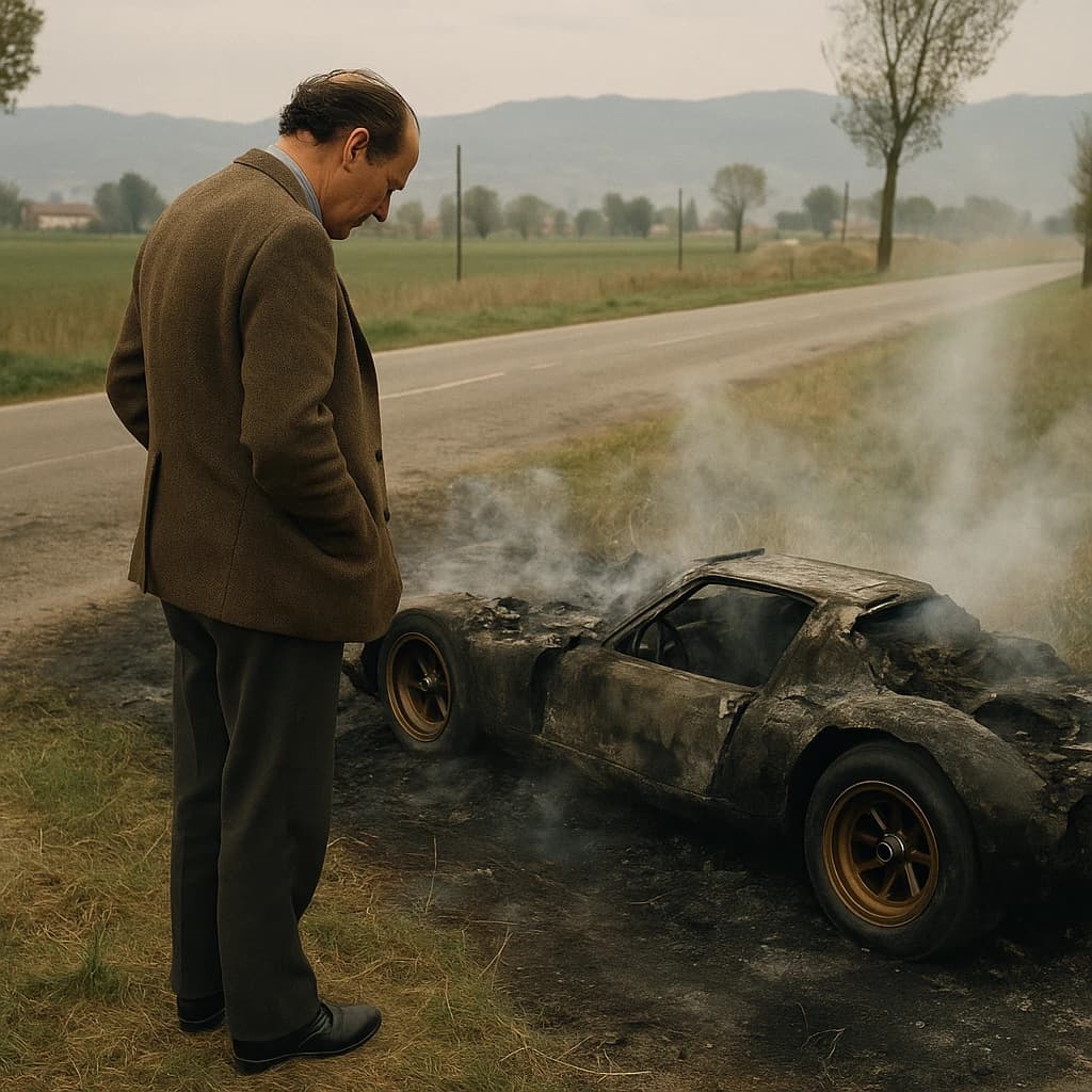 Mario examines the still smouldering wreck of the crash that took his best driver on the side of the country road. He designed this car and caused this. 3 days have passed since the crash. It's 1973 in Northern Italy.