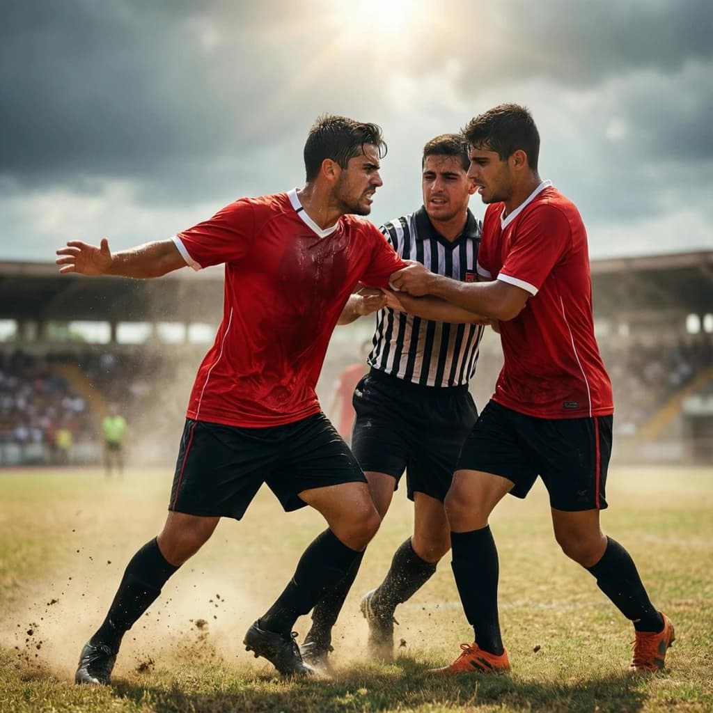 The soccer player clashes with the ref. It is thick and humid and the heat is getting to the players. His friend tries to pull him off before he causes any more trouble.
