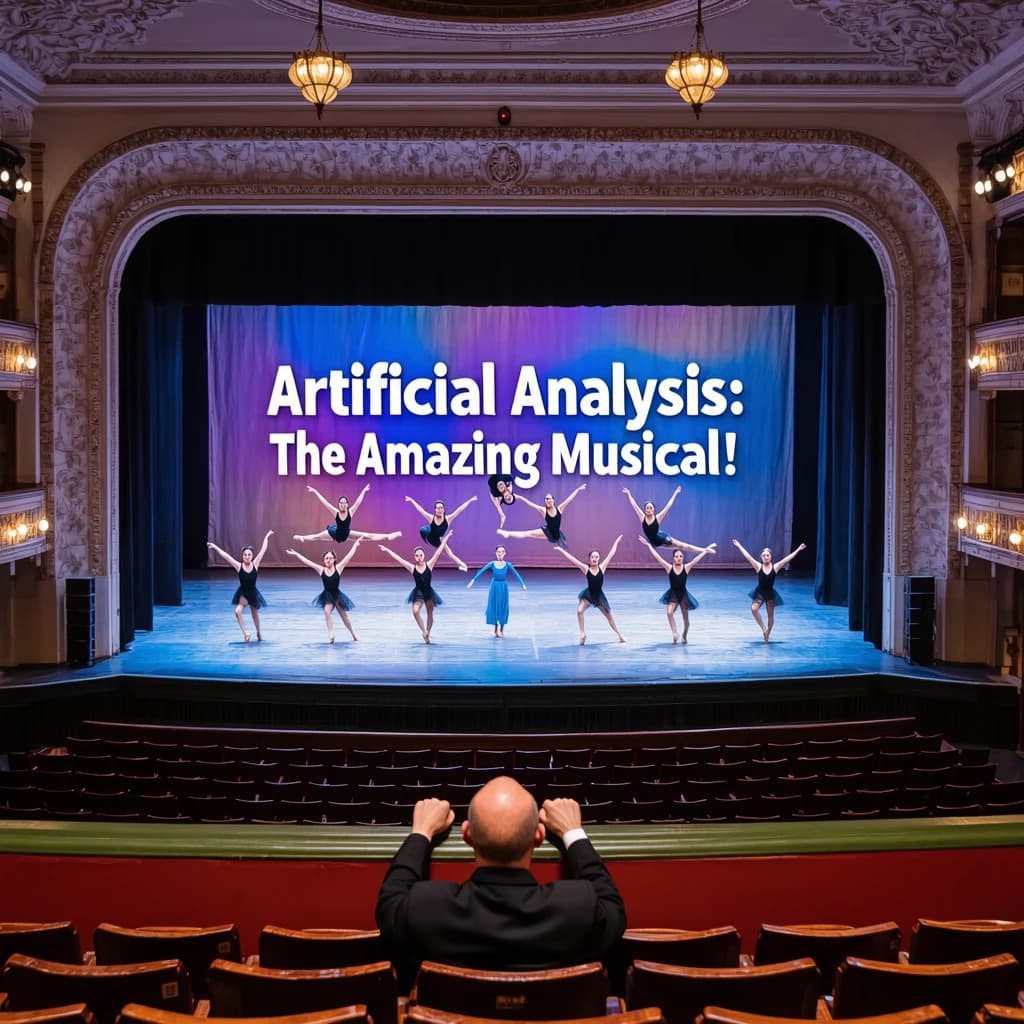 The musical troupe do a rehearsal in a large, empty theatre. 9 people are on the stage, half wear black and the others wear blue. The skinny bald director, seated in the second row, is practically leaping out of their seat with excitement as the leads nail their aerial. A giant banner reading "Artificial Analysis: The Amazing Musical!" is behind the actors.