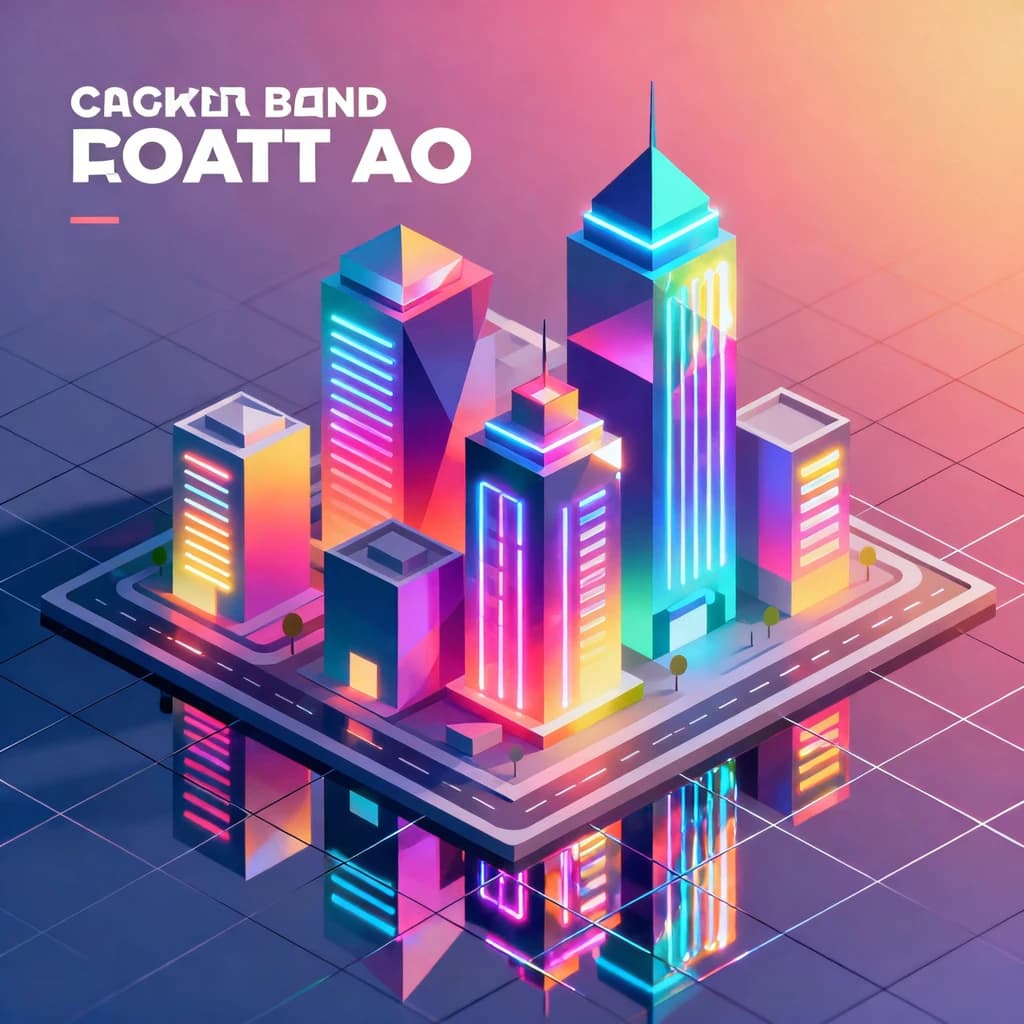 Render an isometric city poster with geometric buildings, neon gradients, gloss highlights, soft AO shadows, clean sans-serif lettering, grid layout, reflections a bit overexposed.