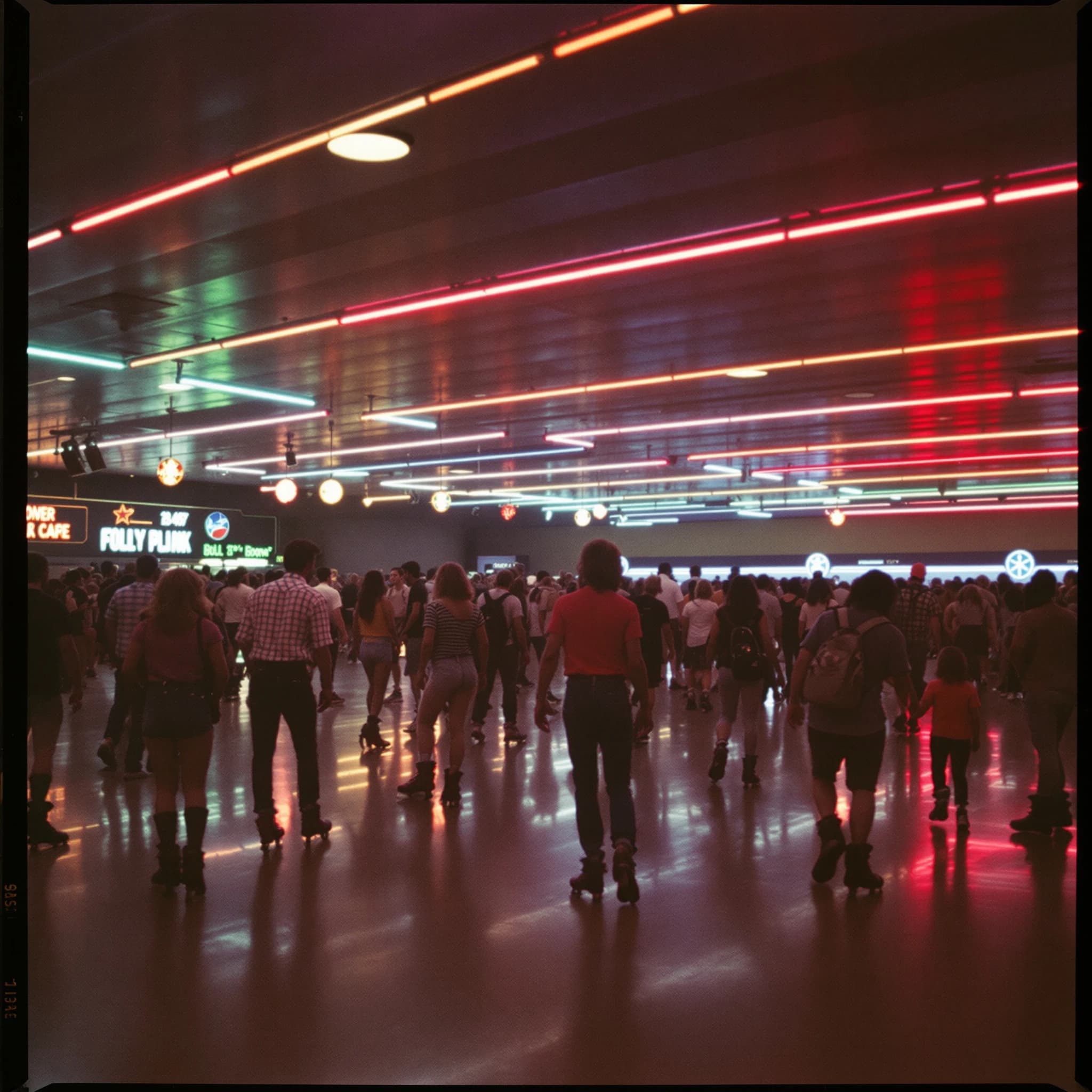 A 1970s roller rink crowd skates under neon, with a bit of fade and film grain.
