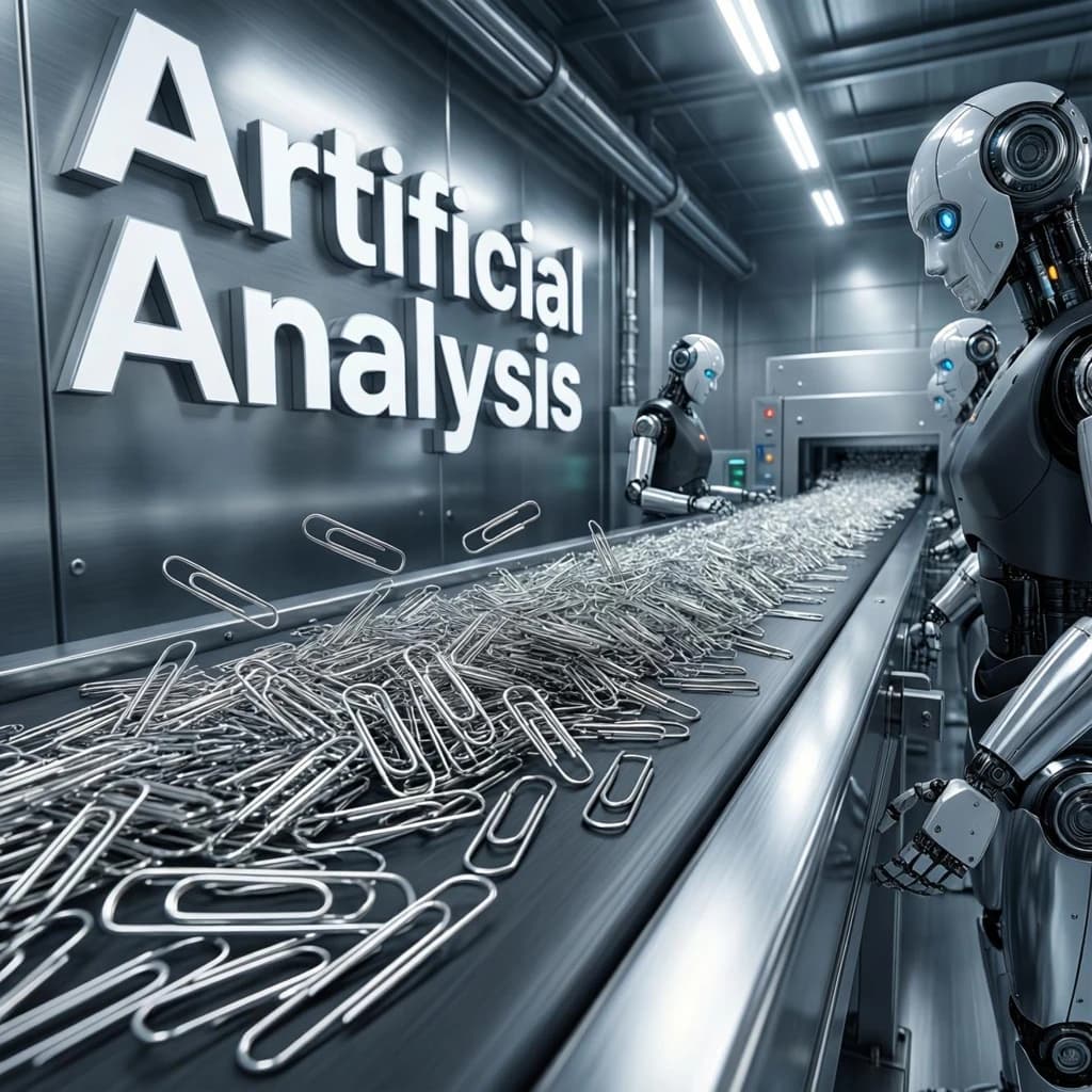 Close up point of view perspective on a conveyor belt pumping out paperclips at a maddening pace. The high tech factory has Artificial Analysis printed proudly on the wall. Robot staff look approvingly over the robust output.