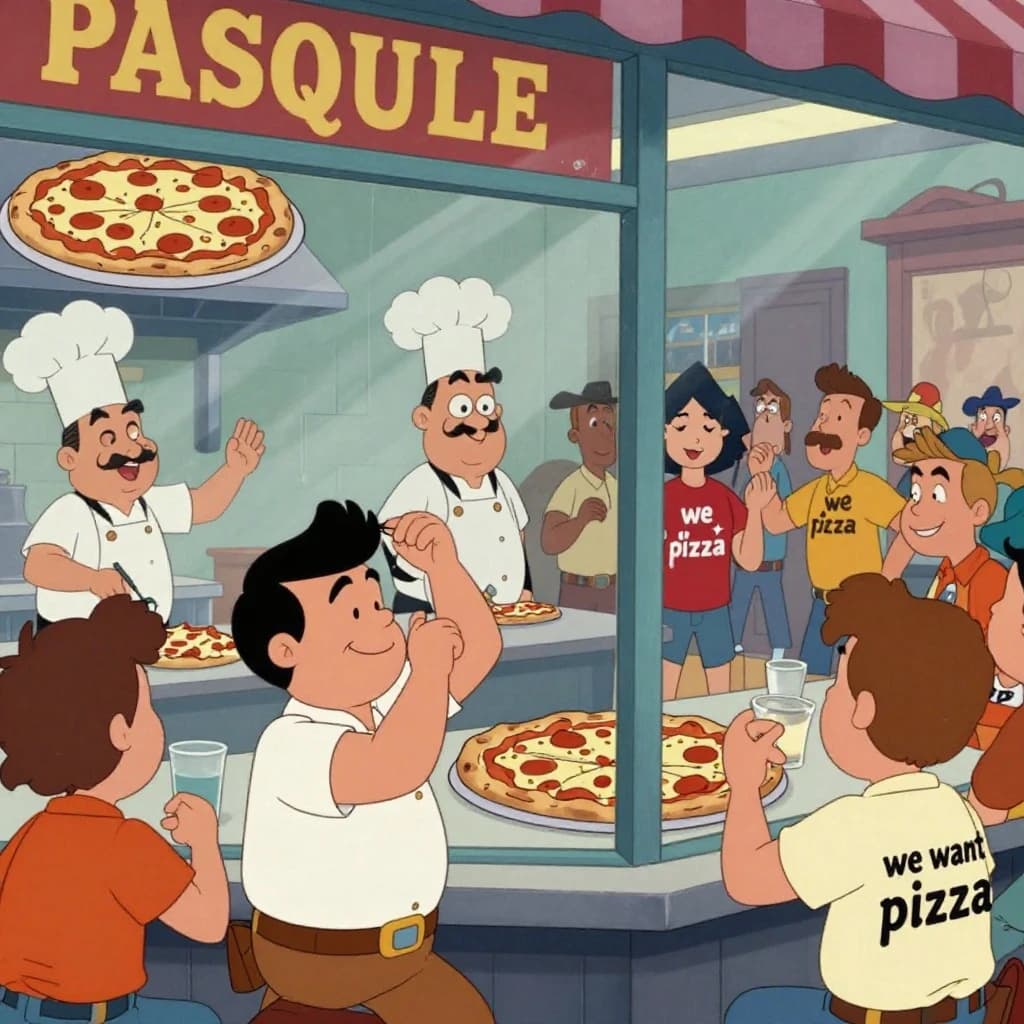 Pasquale is pulling his few remaining hairs out over a disaster at the pizzeria - the cooks are working as fast as they can but the crowds outside are swelling and they demand hot hot pizza! They are banging on the glass and some are wearing "we want pizza" shirts. 1980s western TV animation style.