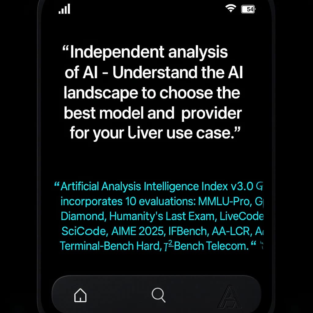 On a black smartphone UI with rounded corners, display a centered text block in white San Francisco font, 16pt: “Independent analysis of AI - Understand the AI landscape to choose the best model and provider for your use case.” Below, in neon cyan, monospace font, smaller size: “Artificial Analysis Intelligence Index v3.0 incorporates 10 evaluations: MMLU-Pro, GPQA Diamond, Humanity's Last Exam, LiveCodeBench, SciCode, AIME 2025, IFBench, AA-LCR, Terminal-Bench Hard, 𝜏²-Bench Telecom.” The second block scrolls horizontally as a ticker. The battery icon in the status bar shows 54%. The Artificial Analysis logo appears faintly, embossed into the bottom navigation bar.