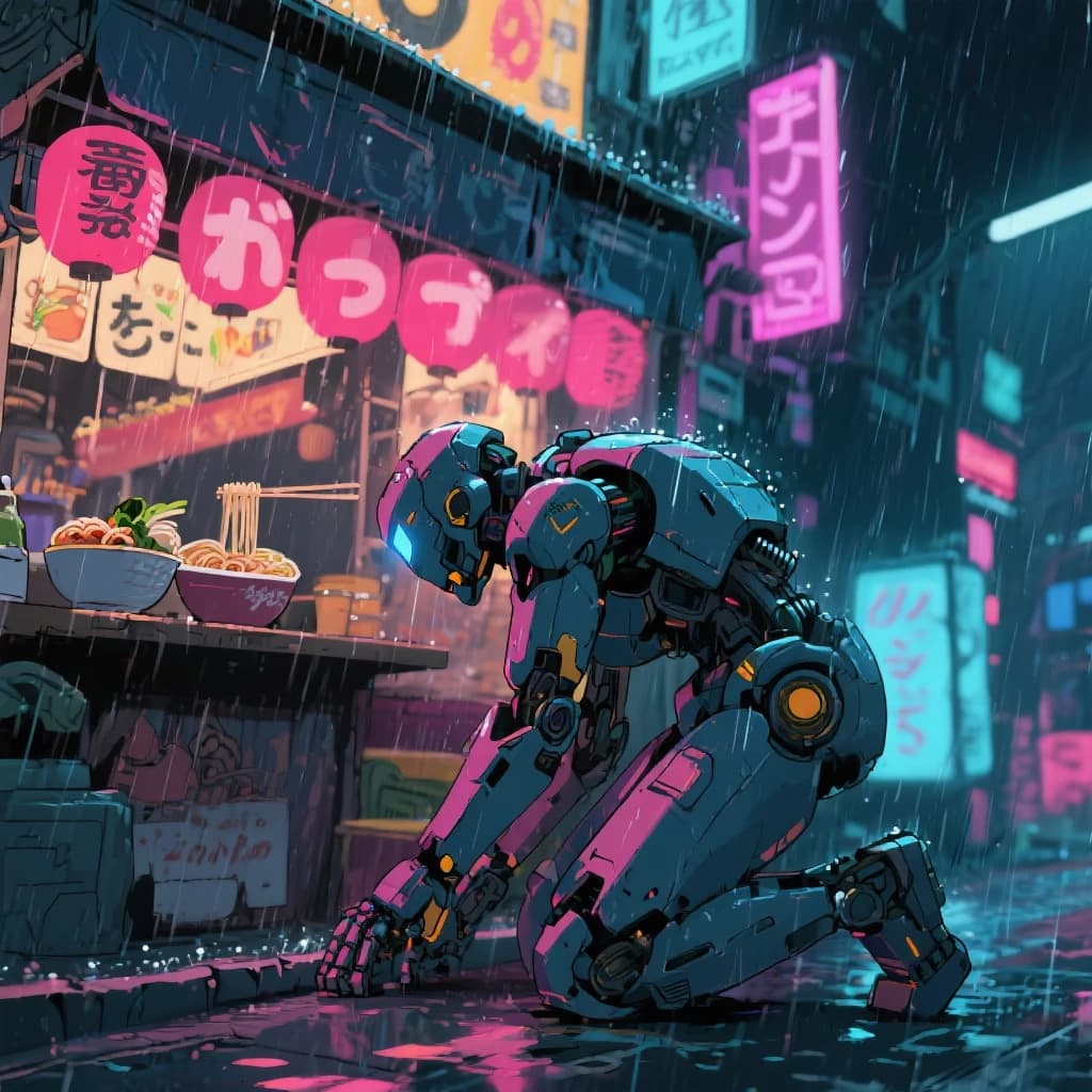 Neon rain falls as a cel-shaded mecha kneels by a ramen stall, midnight vibes.