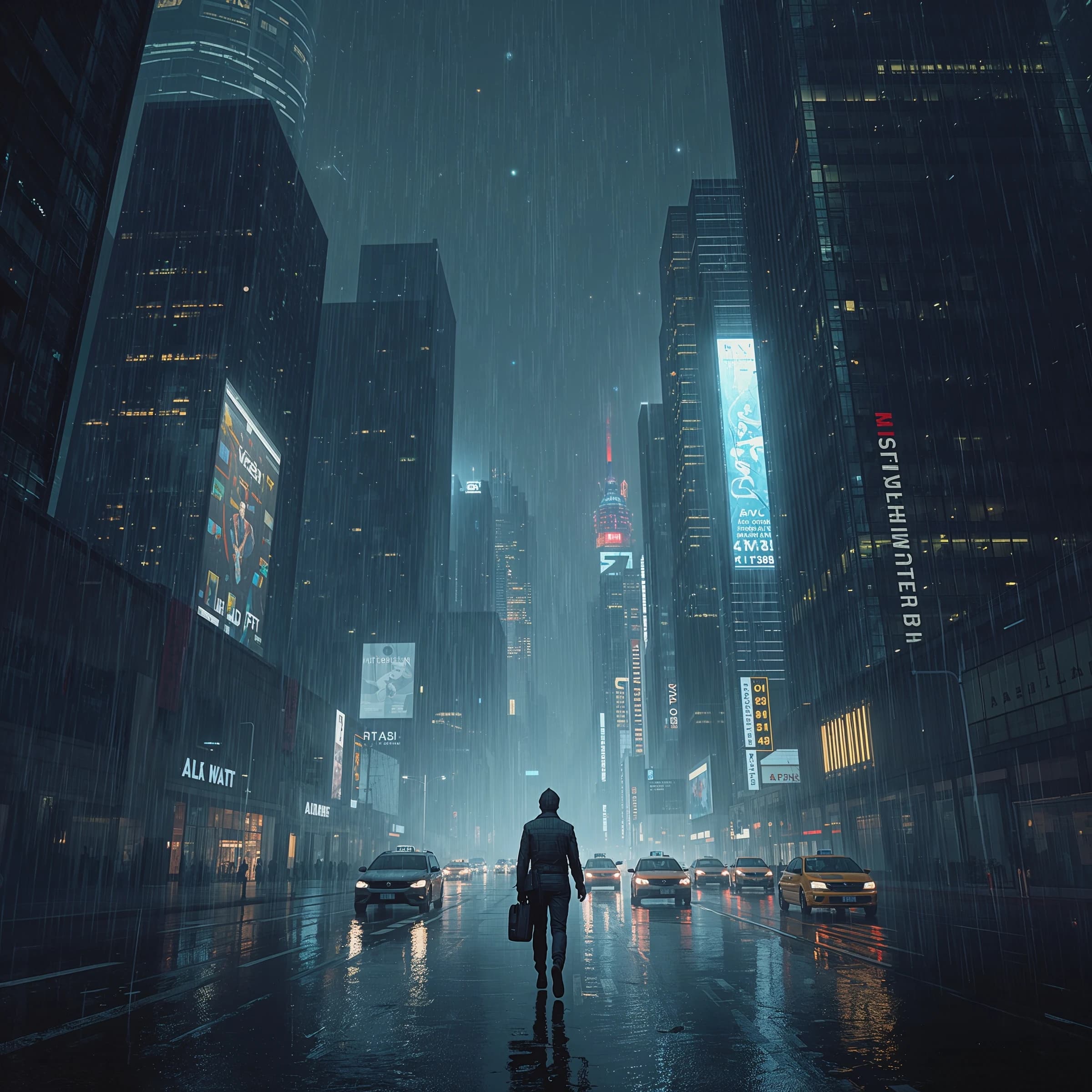 Rain-soaked neon megacity at night, flying taxis weave between glass towers, giant holograms flicker; a lone courier in a matte exosuit, somewhat cinematic wide angle.