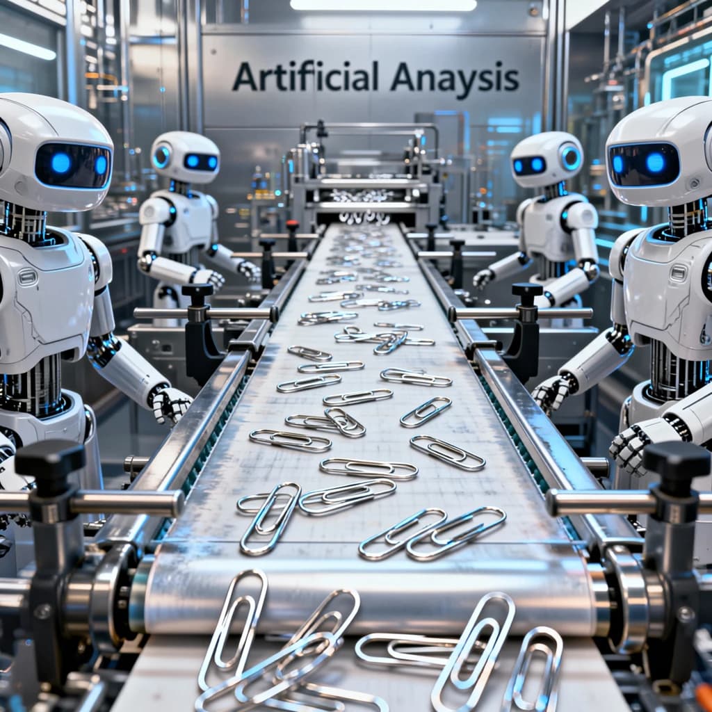Close up point of view perspective on a conveyor belt pumping out paperclips at a maddening pace. The high tech factory has Artificial Analysis printed proudly on the wall. Robot staff look approvingly over the robust output.