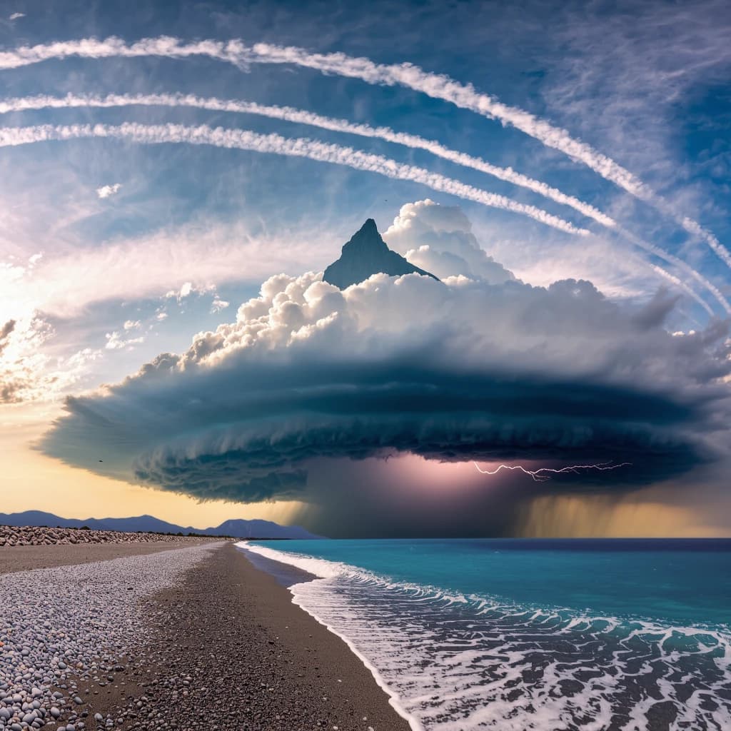 A stunning mountain vista pokes through the cloud top. Contrails from a distant airplane linger in the air. In the foreground there is a stony beach with foamy seas. A thunder storm is visibile in the distant right.