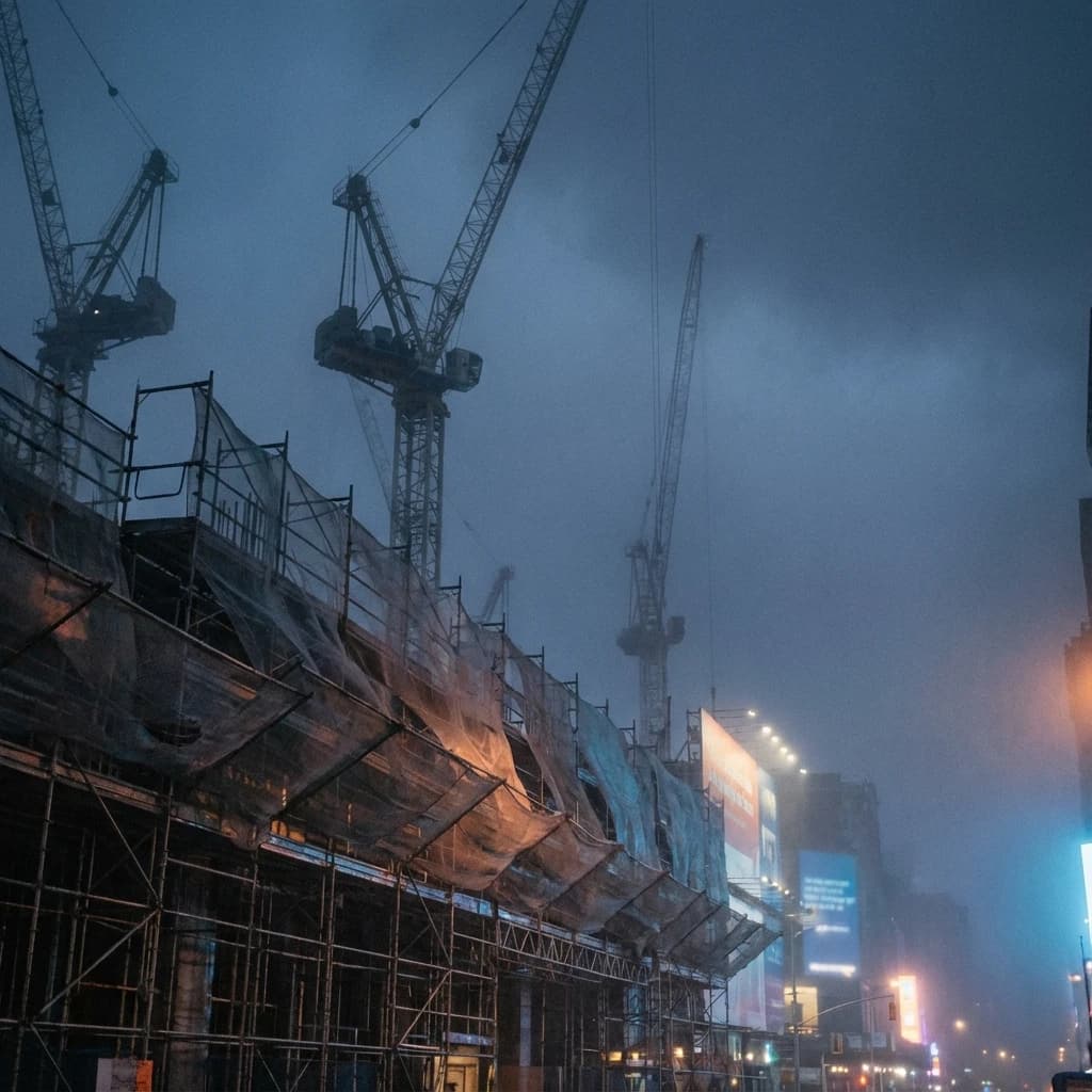A construction site stretched upward into fog, cranes frozen in silhouette. Wind rattled scaffolding draped with torn mesh that glowed faintly from nearby billboards