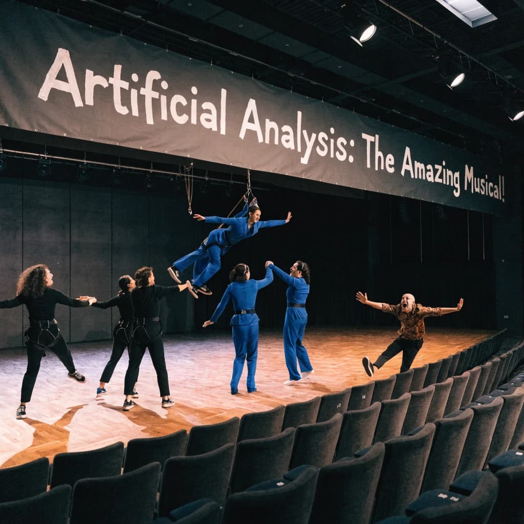 The musical troupe do a rehearsal in a large, empty theatre. 9 people are on the stage, half wear black and the others wear blue. The skinny bald director, seated in the second row, is practically leaping out of their seat with excitement as the leads nail their aerial. A giant banner reading "Artificial Analysis: The Amazing Musical!" is behind the actors.