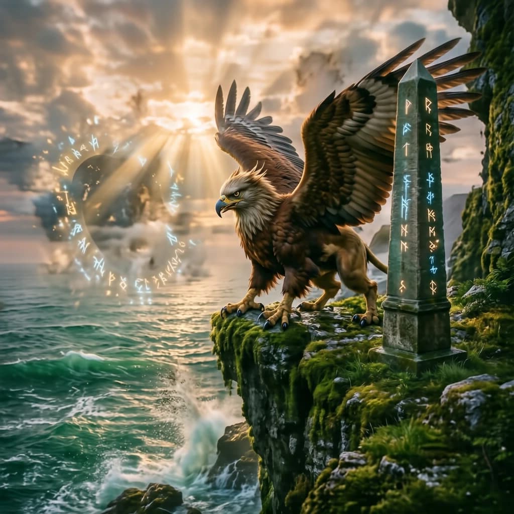At dawn, a winged griffin lands on a mossy cliff above a jade sea beside a runed obelisk; floating isles drift under golden sunbeams, with a bit of sea spray and glowing runes.