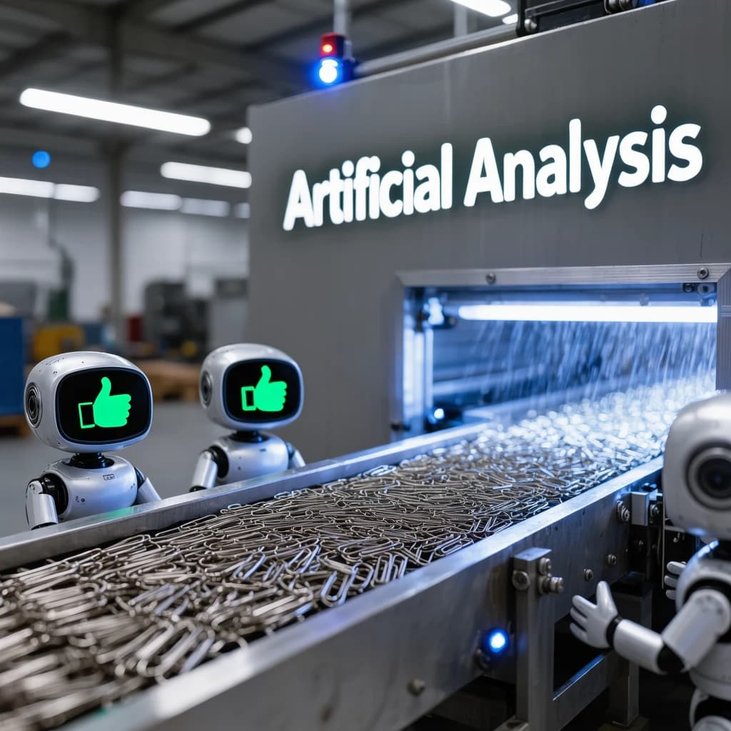 Close up point of view perspective on a conveyor belt pumping out paperclips at a maddening pace. The high tech factory has Artificial Analysis printed proudly on the wall. Robot staff look approvingly over the robust output.