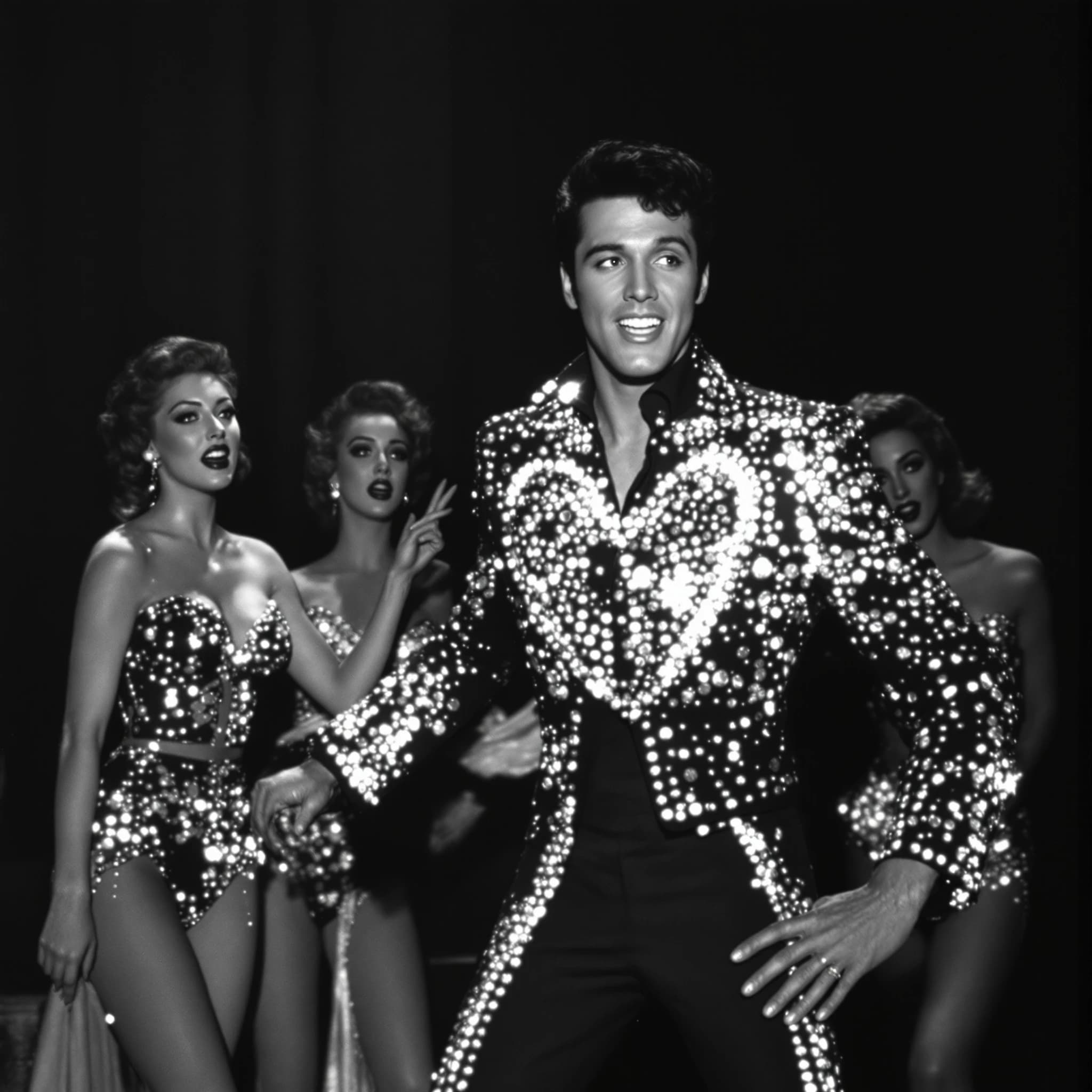 An archival image from 1953 of the rock singer swinging his hips on the stage while glamorous back up singers feign shock at his gyrations! He wears a diamond encrusted jacket with the stones arranged in the shape of a heart
