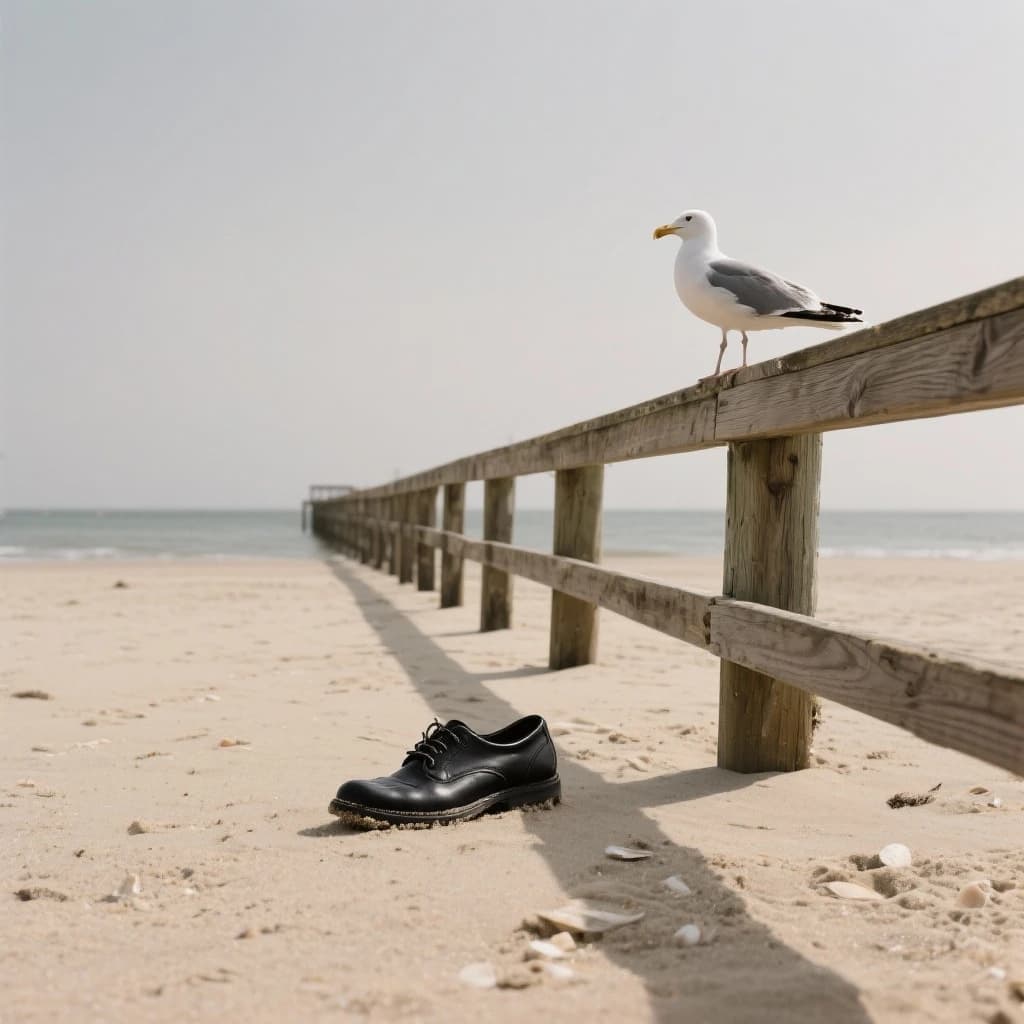 The beach is flat, sand beige, granular, no shells, except for a single left shoe, black leather, size eleven, half buried at an angle. The pier extends straight into the water, wood untreated, grain visible, though the support posts vanish before they touch the surface. The sky is uniformly gray, no clouds, yet shadows stretch at sharp diagonals. A single gull sits on the railing, wings outstretched, frozen mid-flap, no movement.