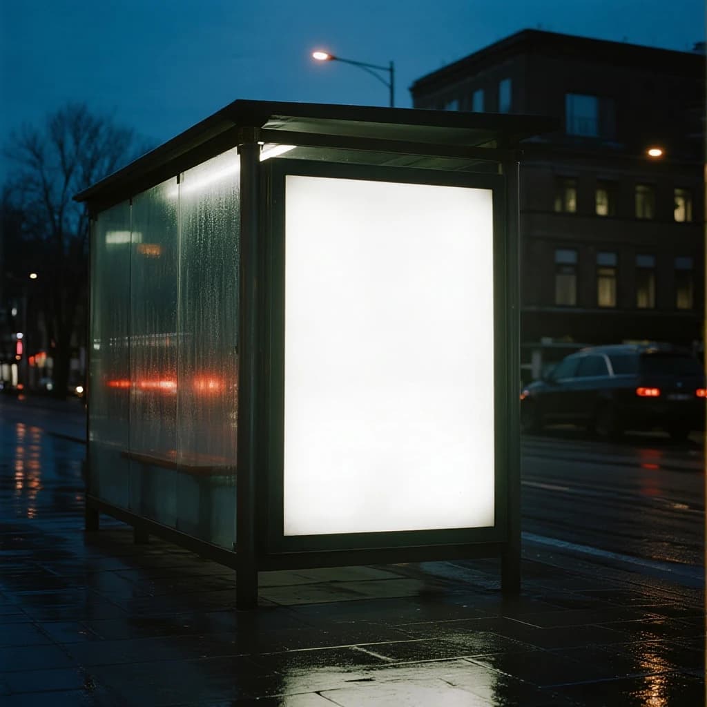 Show a billboard mockup at dusk: glass bus stop shelter, glowing lightbox, blank ad panel, city blur, raindrops, space for copy, looks premium but a bit gritty.