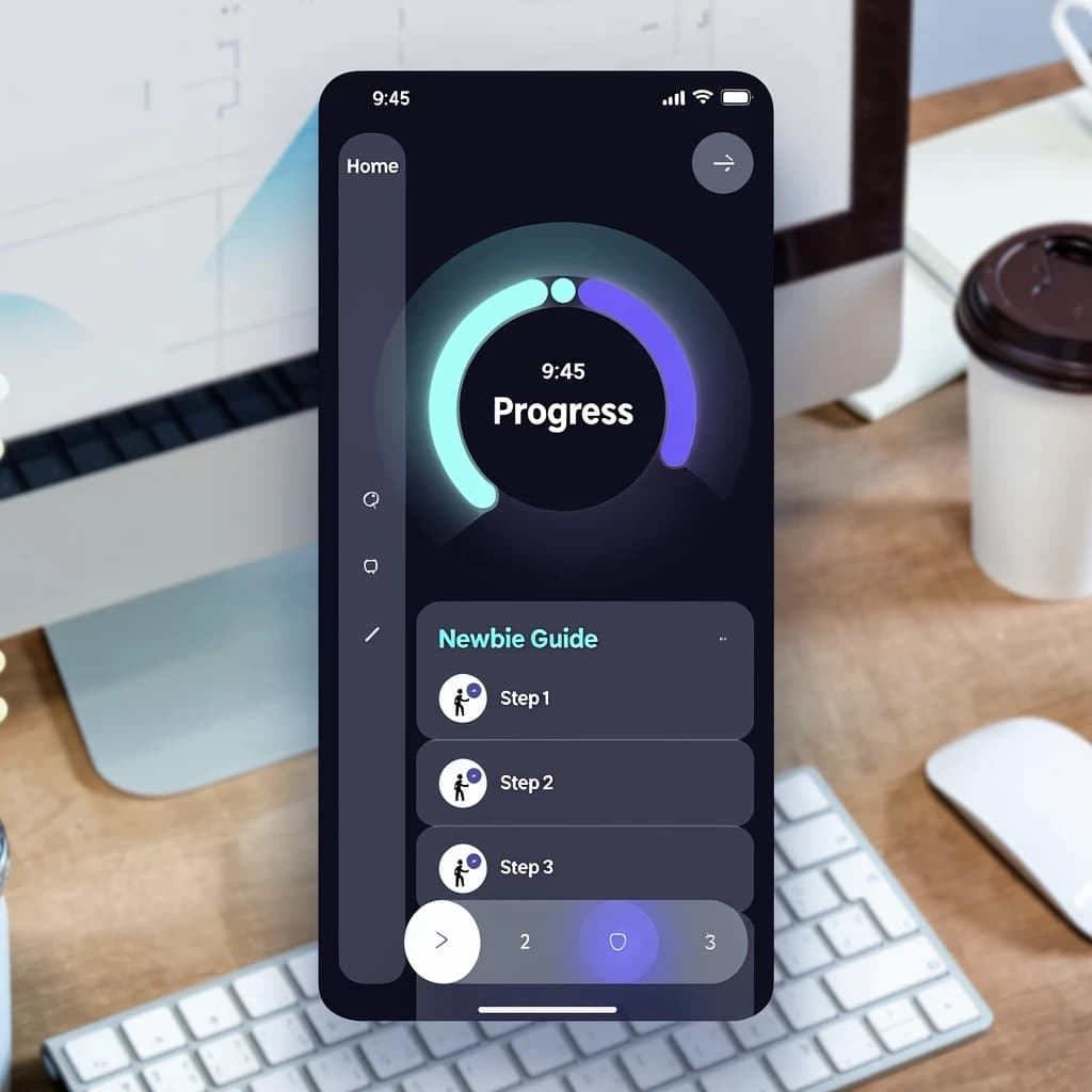 Sleek mobile fitness app screens on a desk: dark mode home, progress dashboard, simple onboarding, clear 8 pt grid, slightly oversized buttons for thumb reach, muted colors.