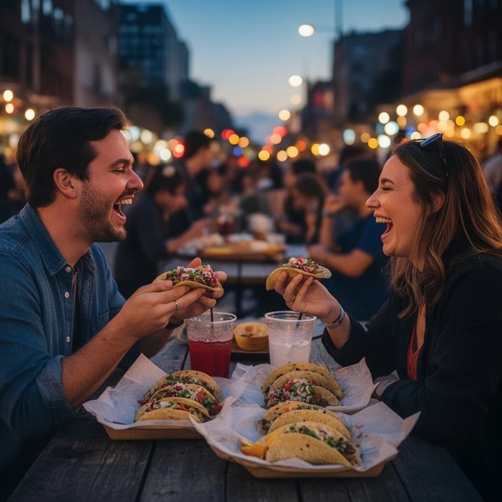 Friends laugh over street tacos at dusk, candid, shallow depth.
