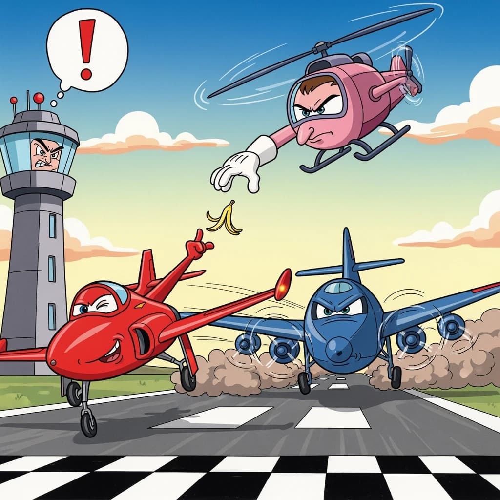Almost at the runway, Fred the Fighter Jet is racing with Barry the Bomber to see who lands first. Fred has a mischievous trick up his sleeve but Hermione the Helicopter is going to stop him before he gets the chance. The control tower is very angry and has a big exclamation mark. Hand drawn cel look