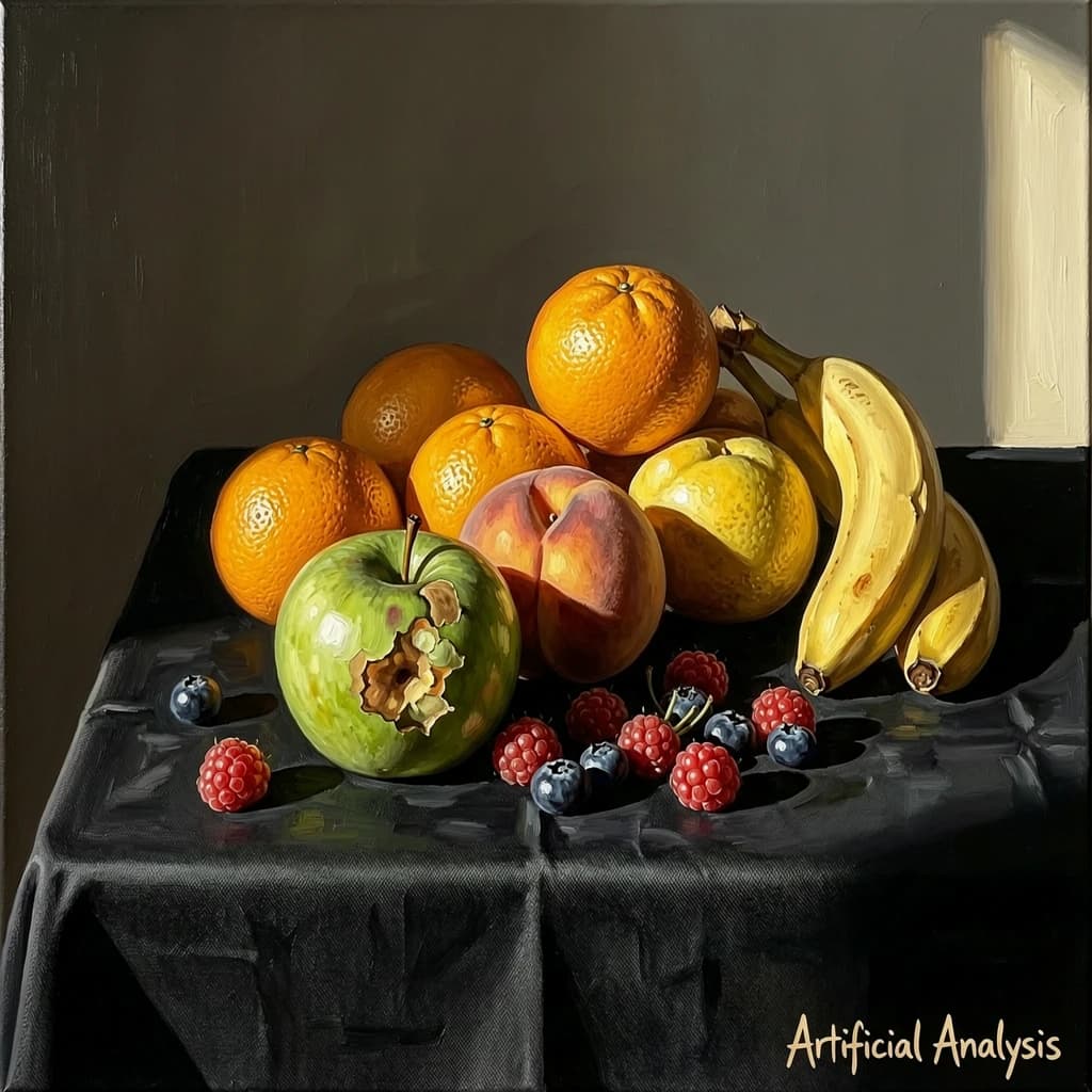 A still life scene painted oil on canvas, comprising various fruits on a black table cloth with striking lighting coming from the right out of frame, creating strong shadows. A bruised green apple is in the foreground, a peach behind it, and behind that a melange of oranges and bananas in various states of ripeness. Berries are strewn in front of the apple. The artist has signed his name "Artificial Analysis" in the bottom right corner in a hurried fashion.