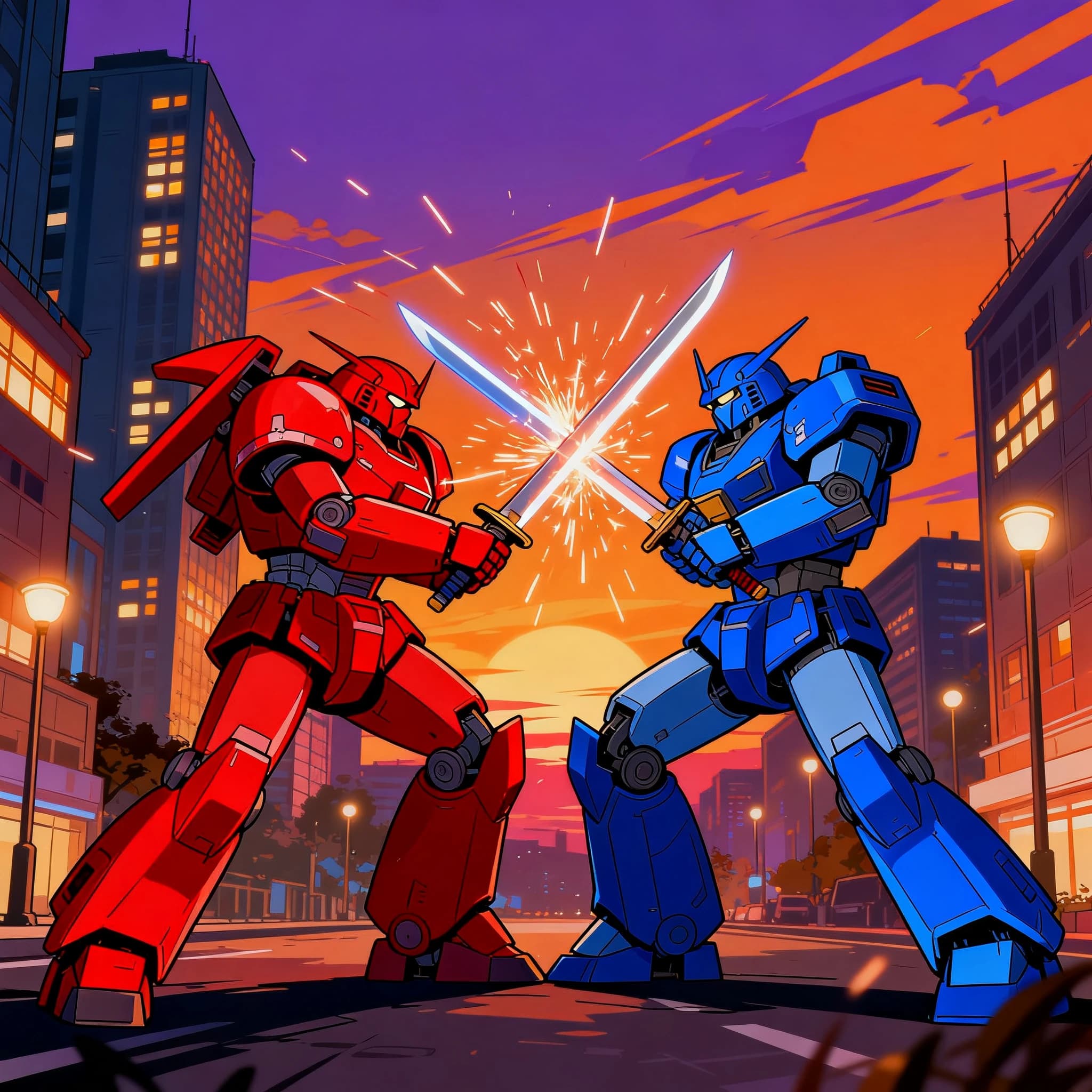 Make a cel-shaded mecha duel at dusk downtown.