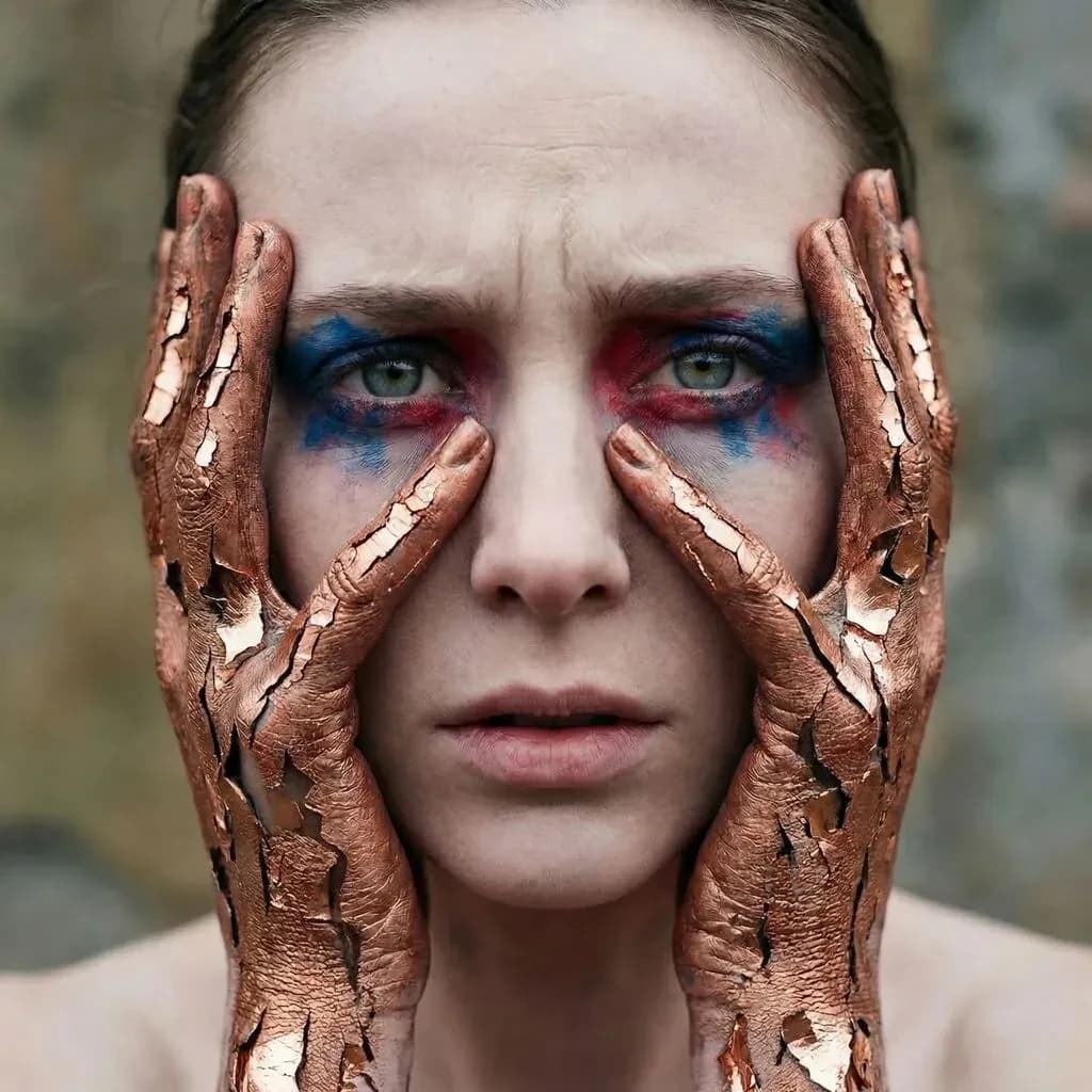 A striking close-up portrait of a woman with cracked metallic copper-painted hands framing her face. Her vivid blue and red eye makeup contrasts sharply with the smooth, pale skin and muted background, creating a bold, surreal composition. She displays an air of uncertainty about her