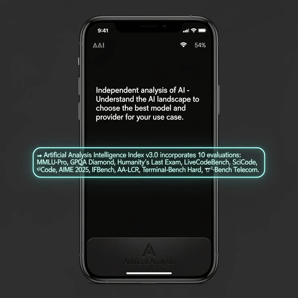 On a black smartphone UI with rounded corners, display a centered text block in white San Francisco font, 16pt: “Independent analysis of AI - Understand the AI landscape to choose the best model and provider for your use case.” Below, in neon cyan, monospace font, smaller size: “Artificial Analysis Intelligence Index v3.0 incorporates 10 evaluations: MMLU-Pro, GPQA Diamond, Humanity's Last Exam, LiveCodeBench, SciCode, AIME 2025, IFBench, AA-LCR, Terminal-Bench Hard, 𝜏²-Bench Telecom.” The second block scrolls horizontally as a ticker. The battery icon in the status bar shows 54%. The Artificial Analysis logo appears faintly, embossed into the bottom navigation bar.
