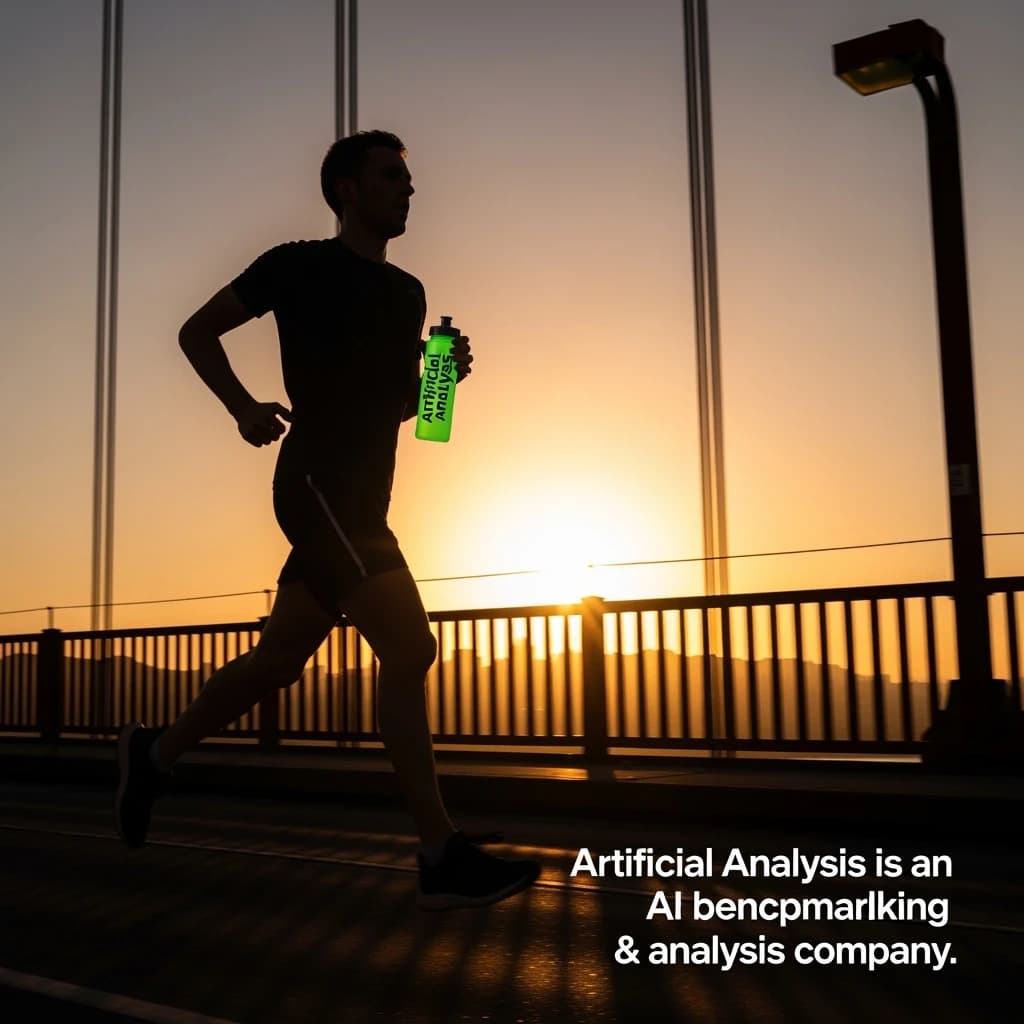 A runner dashes across the Golden Gate Bridge at dawn, sunlight streaming between cables. In their hand, they carry a neon-green sports drink with the brand name Artificial Analysis splashed boldly across the bottle. Motion blur emphasizes speed, while crisp purple sans serif typography overlays the bottom right of the scene with the tagline: Artificial Analysis is an independent AI benchmarking & analysis company