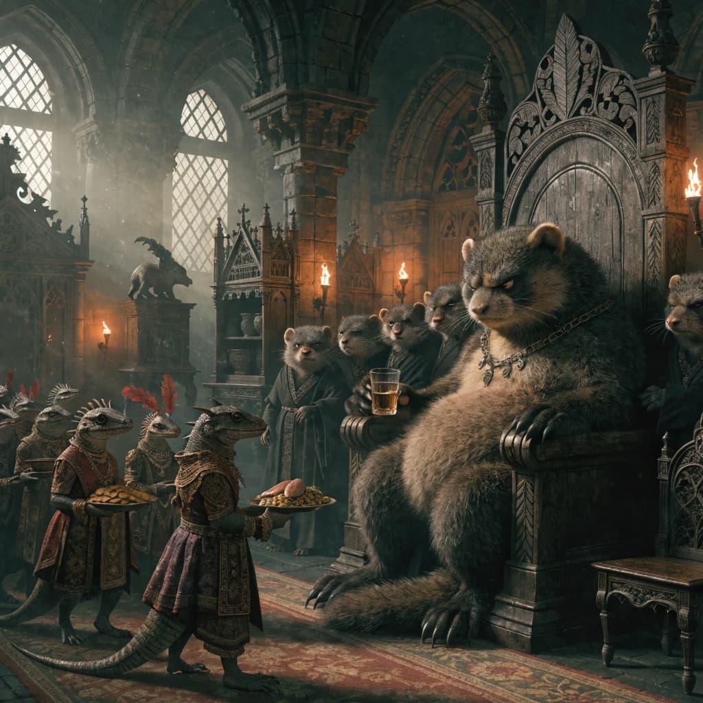 Big Weasel, the tyrannical ruler of the Levitus, slouches on his throne, his mood foul but somewhat brightened by the sight of gifts - a wearisome group of lizard traders adorned in fine silks proceed toward him through the hall with their annual tribute of biscuits, ham and gold - Big Weasel's favourites. Big Weasel's entourage looks on with stern approval.