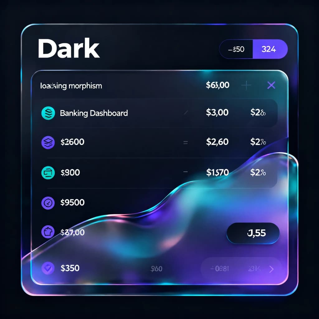 Dark mode banking dashboard with glassmorphism.