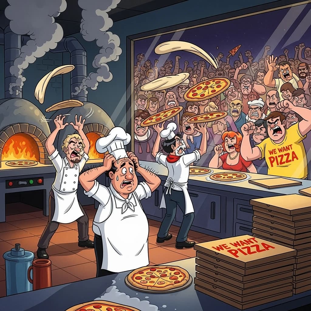 Pasquale is pulling his few remaining hairs out over a disaster at the pizzeria - the cooks are working as fast as they can but the crowds outside are swelling and they demand hot hot pizza! They are banging on the glass and some are wearing "we want pizza" shirts. 1980s western TV animation style.