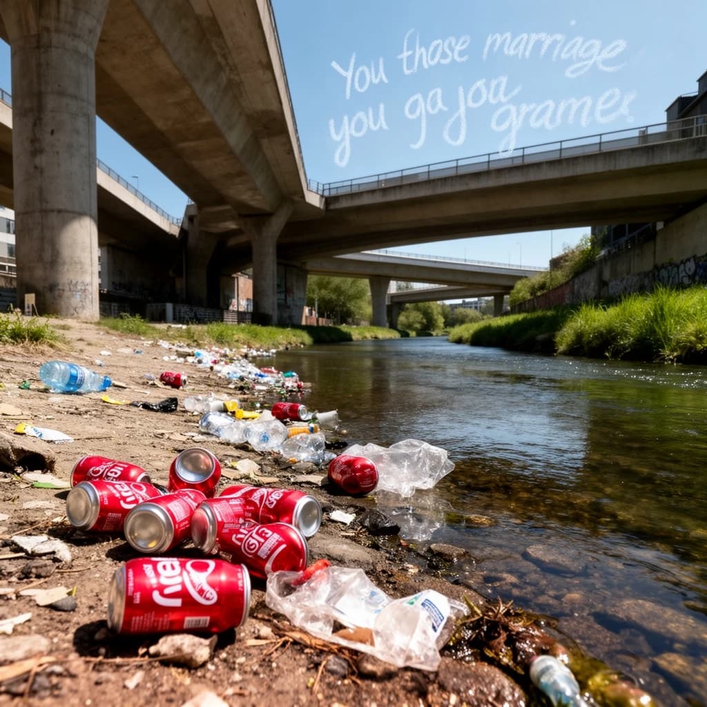 Red soda cans and other garbage sit strewn across the bank of an urban river only a few metres wide. Concrete overpasses criss cross overhead on a bright and sunny day. Fading skywriting proposes marriage