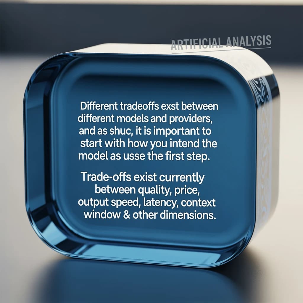 In a clear transparent blue glassy rounded box, etch "Different trade offs exist between different models and providers and as such, it is important to start with how you intend to use the model as the first step. Trade-offs exist currently between model quality, price, output speed, latency, context window & other dimensions. " in sans serif medium weight text. Artificial Analysis is watermarked over the top right 