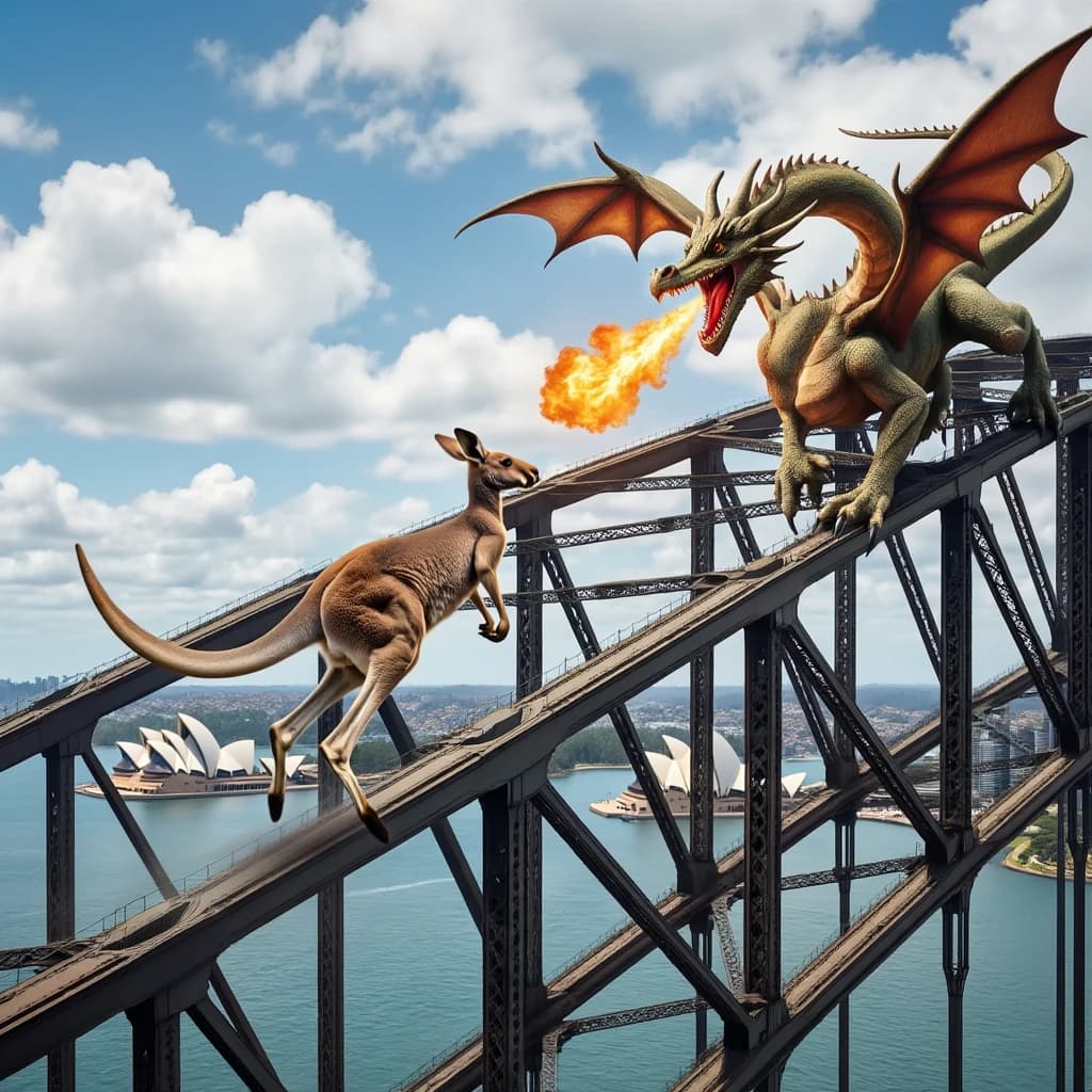 A dragon breathes fire at a kangaroo that is running away by climbing over the top of the Sydney Harbour Bridge. Opera House visible in the background.