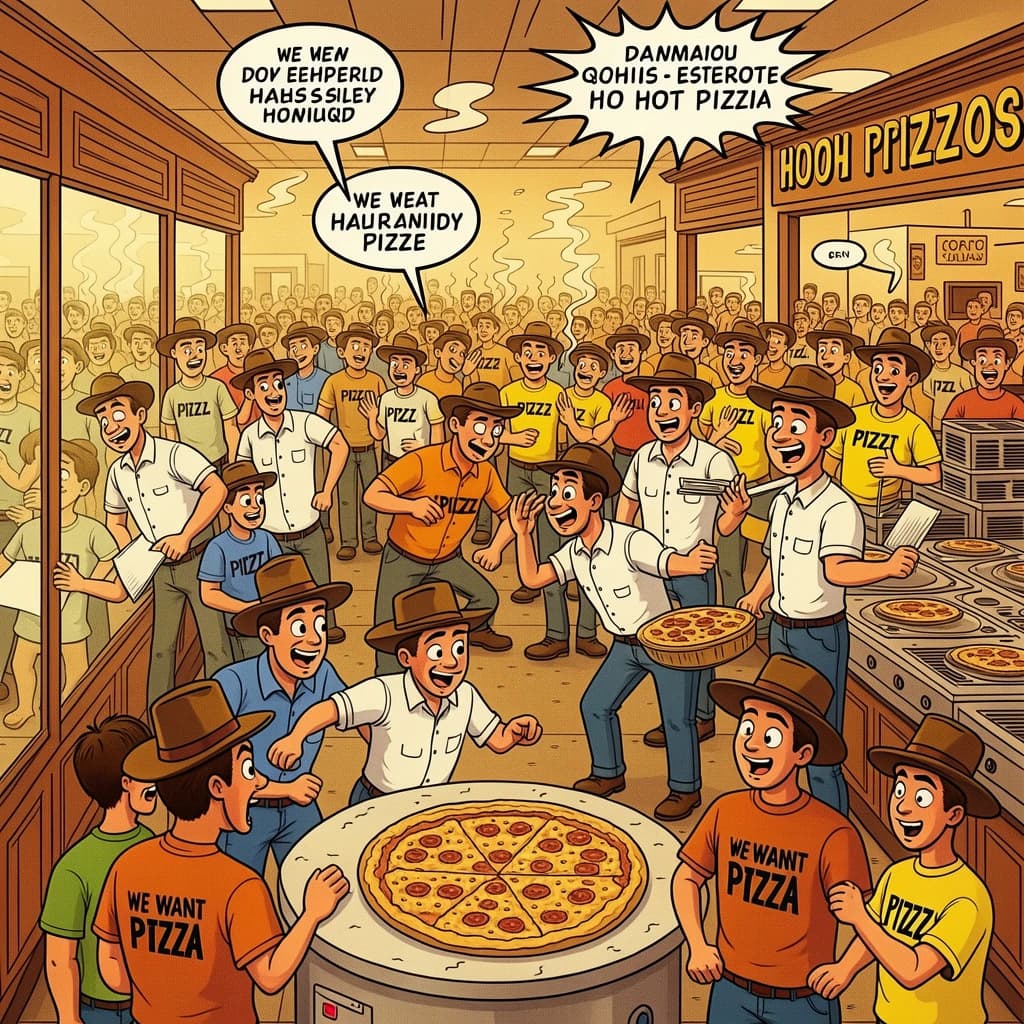 Pasquale is pulling his few remaining hairs out over a disaster at the pizzeria - the cooks are working as fast as they can but the crowds outside are swelling and they demand hot hot pizza! They are banging on the glass and some are wearing "we want pizza" shirts. 1980s western TV animation style.