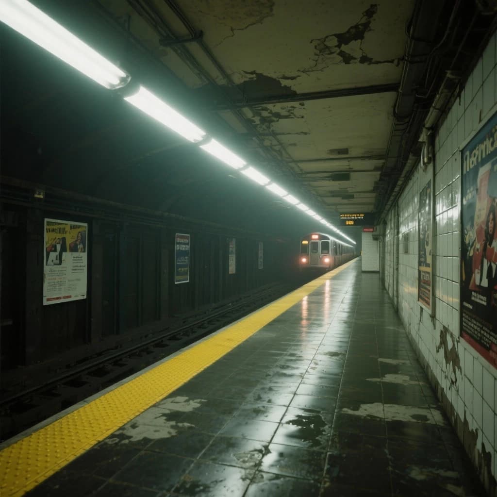 A subterranean subway platform with glossy tiles, peeling posters, flickering fluorescent lights, yellow safety line, and a distant train coming; slightly damp, echoes carry.