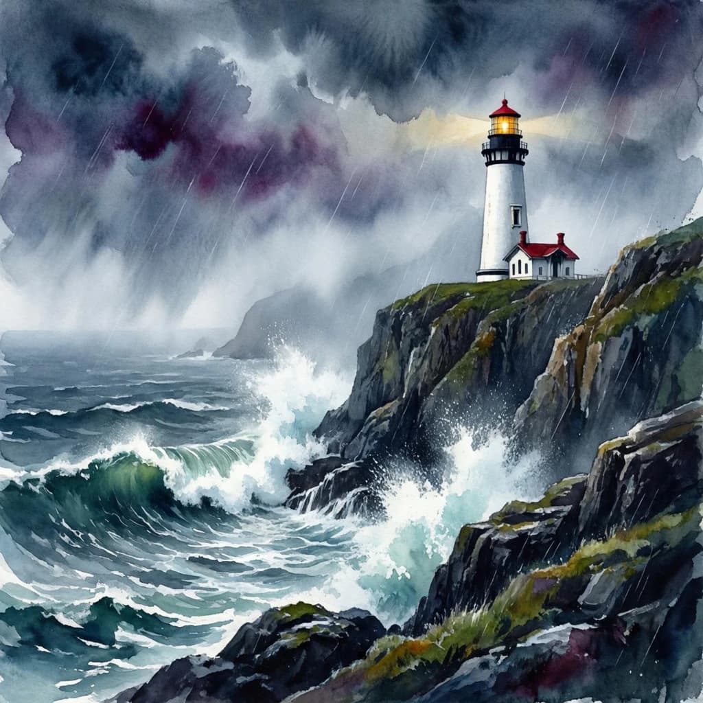 Please paint a watercolor of stormy cliffs and a lighthouse, moody sky.