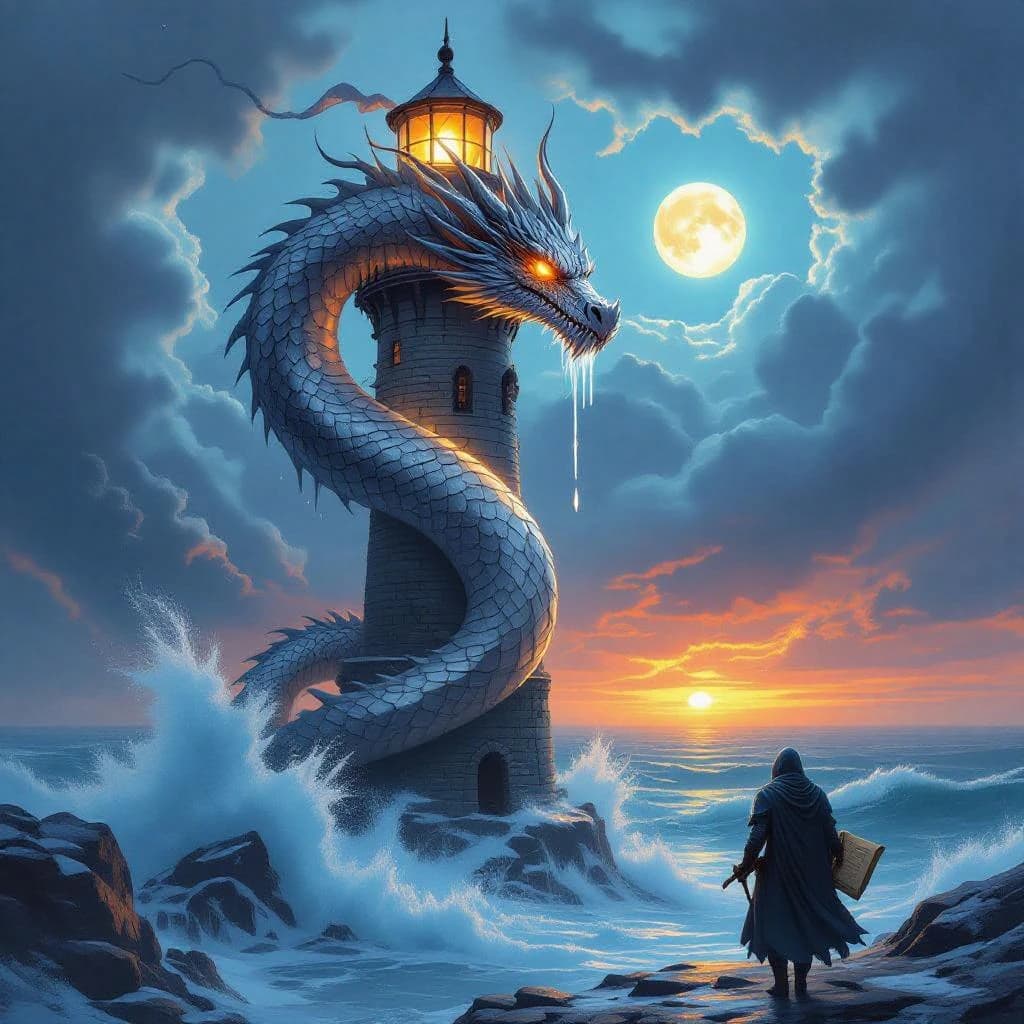 A dragon of molten silver coils around a lighthouse. The storming sea below crashes upward in frozen stillness, as though caught mid-motion. The dragon’s molten eyes drip tears of ice. On the horizon, two suns set next to each other, casting orange light on one side of the tower and blue on the other. A cloaked traveler carries an ancient weapon in his left hand and a scroll in his right.